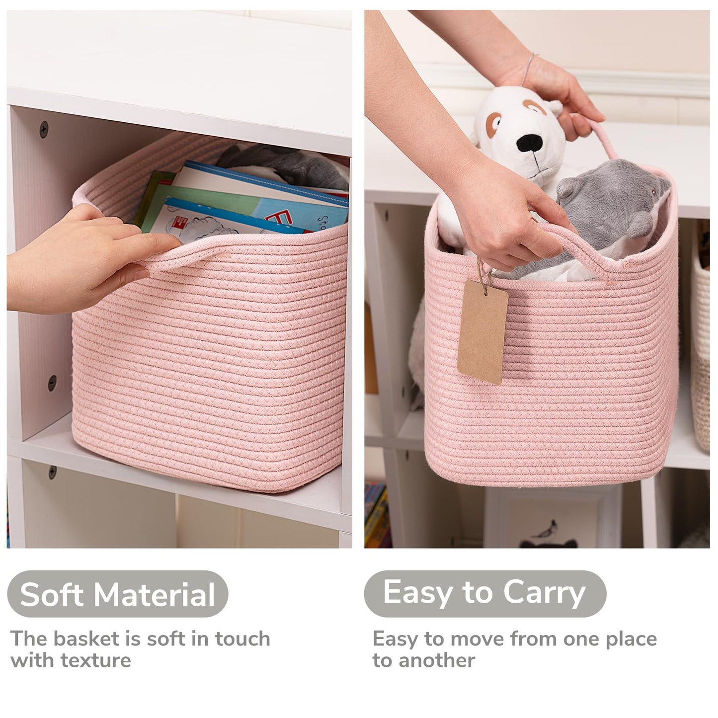 TIMEYARD Pink Cotton Rope Storage Basket Woven Shelf Basket for Organising