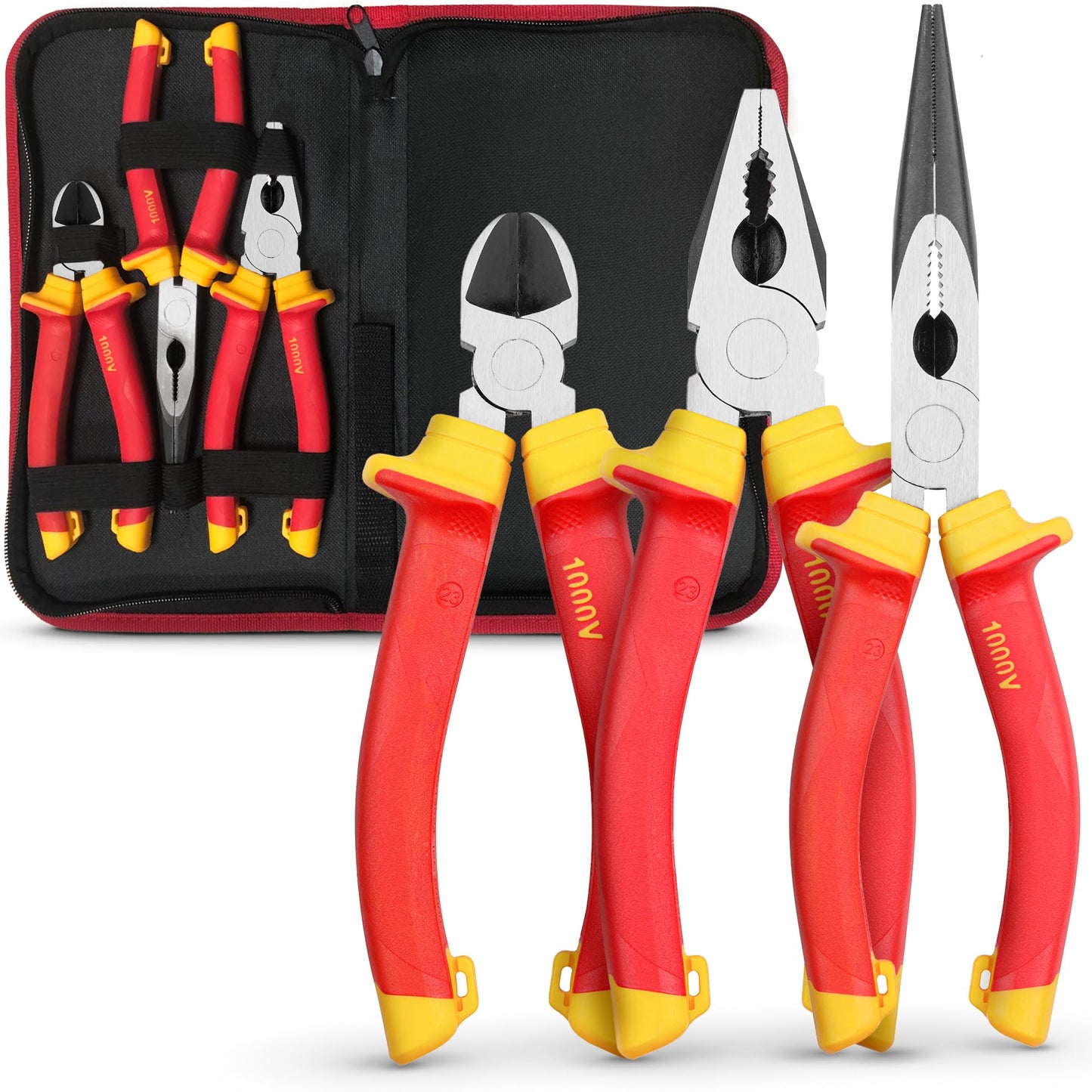 Effektwerk 3 pc Electricians Pliers Set, Insulated & VDE Tested for Safety, Heavy-Duty Combination, Long/Needle Nose & Side Cutters/Diagonal Cutting