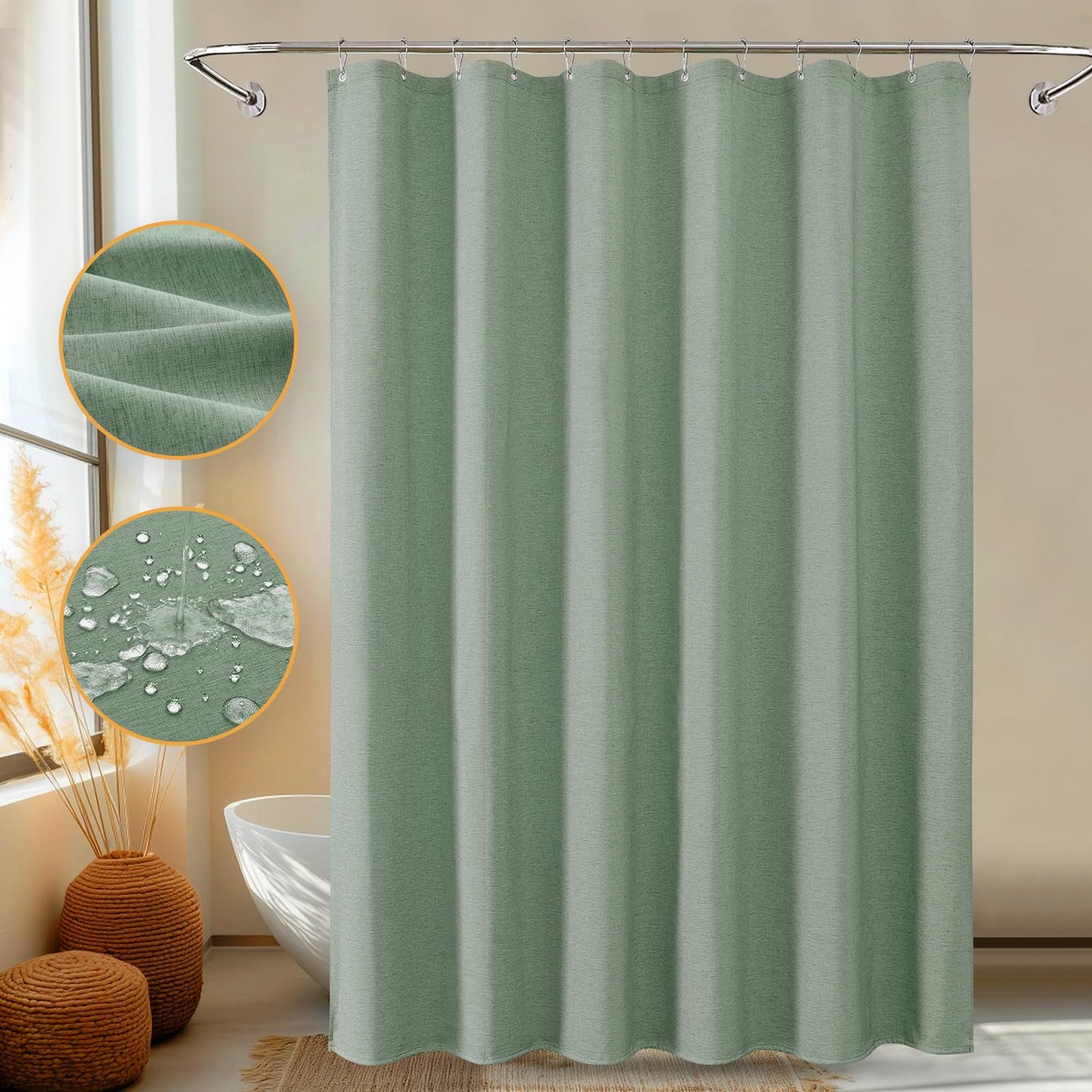 FY&XZH Heavy-Duty Linen-Texture Fabric Shower Curtain, Extra Soft Double-layer waterproof Shower Curtains With Smart Function Stainless Steel