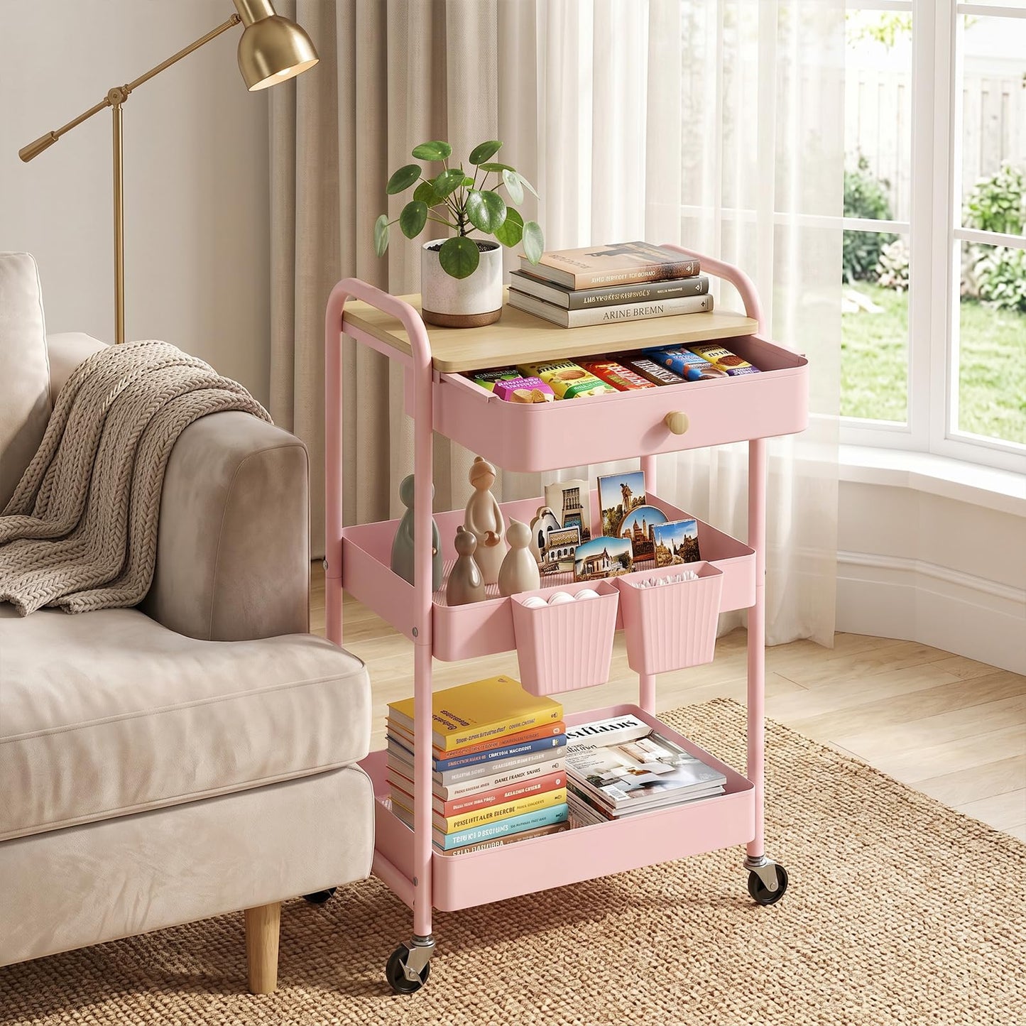 danpinera 3 Tier Rolling Cart, Metal Utility Cart with Wooden Table Top & Drawer, Rolling Carts, Storage Cart with Hanging Cups for Kitchen, Bathroom