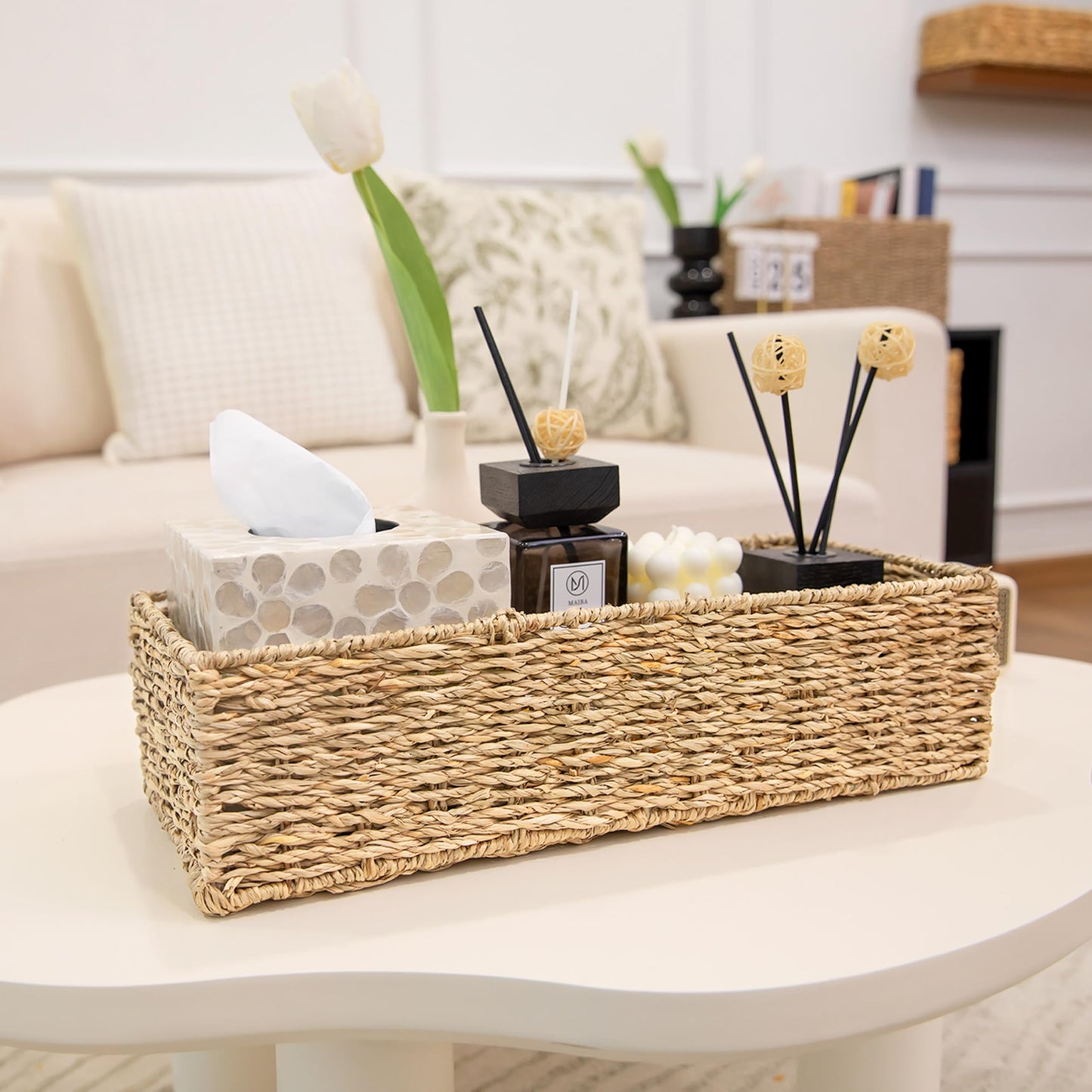 HOMESTEAD Seagrass Storage Baskets, Long Narrow Rectangular Wicker Baskets for Bedroom, Living Room, Bathroom, Shelves - Set of 2