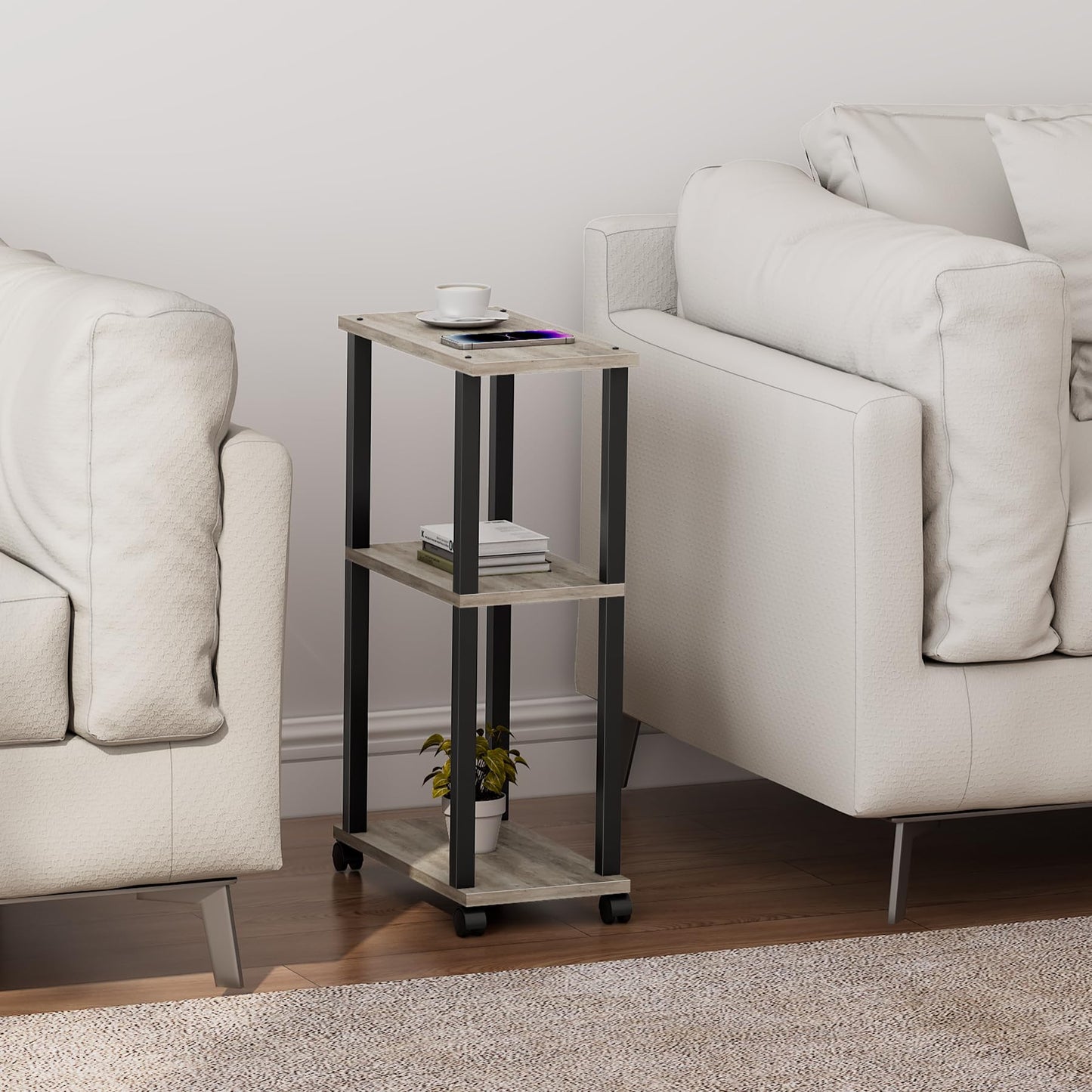 TUTOTAK Small Side Table, Narrow End Table, Bedside Table, Set of 2, Couch Side Table with Wheels for Living Room or Bedroom, Greige TB01BG0612EU