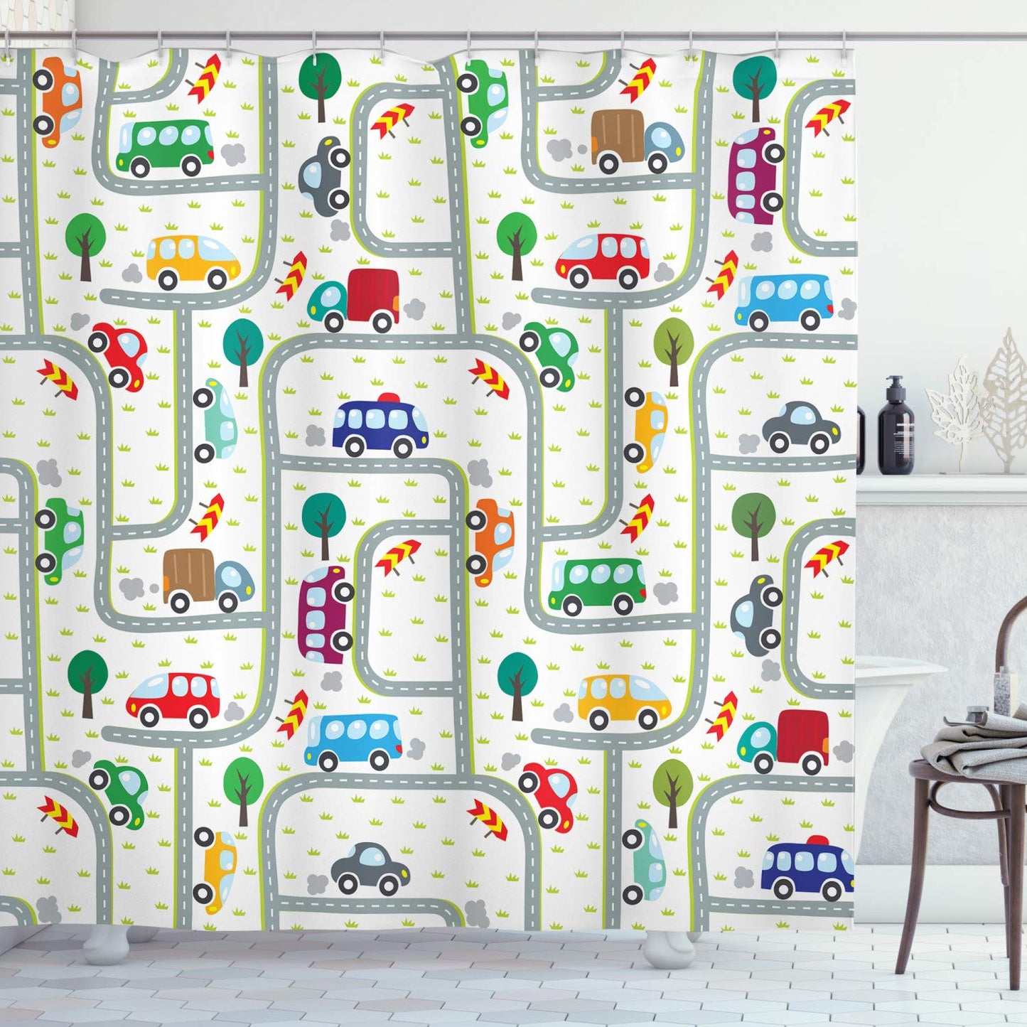 ABAKUHAUS Cars Shower Curtain, Vibrant Children Drawing Cars Driving on the Roads Traffic Urban Themed Design, Cloth Fabric Bathroom Decor Set with