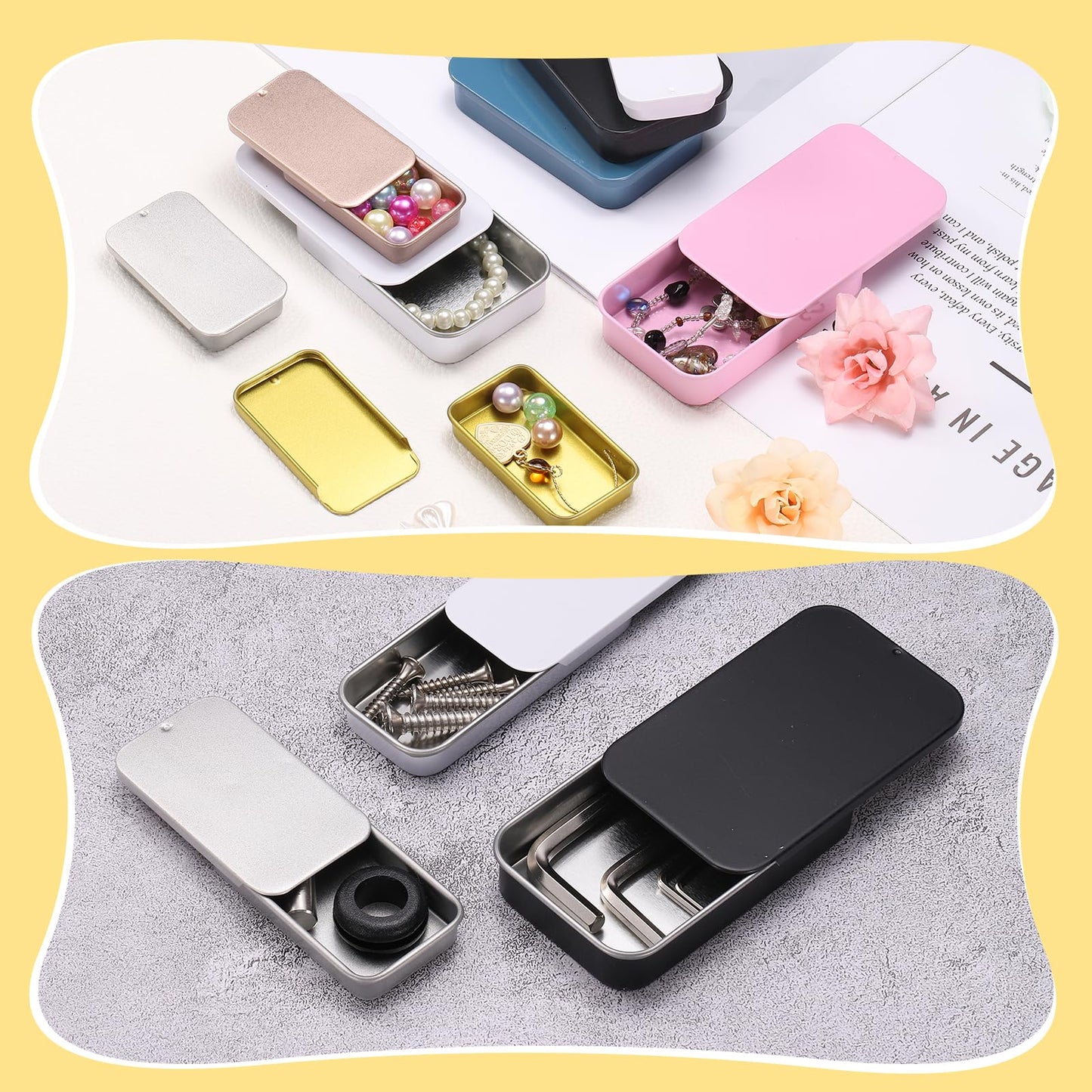 sourcing map 6Pcs Slide Top Tin Containers, Mini Metal Empty Tins Box with Sliding Lids, 3.1"x1.3"x0.4" Rectangular Storage Organizers for Lip Balm
