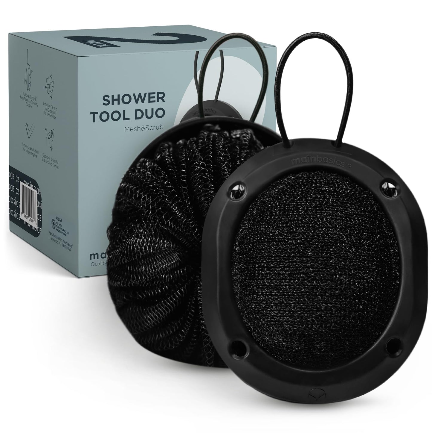 MainBasics Shower Tool Duo 2-1 Shower Loofah Sponge and Exfoliating Body Scrubber (2 Pack, Black)