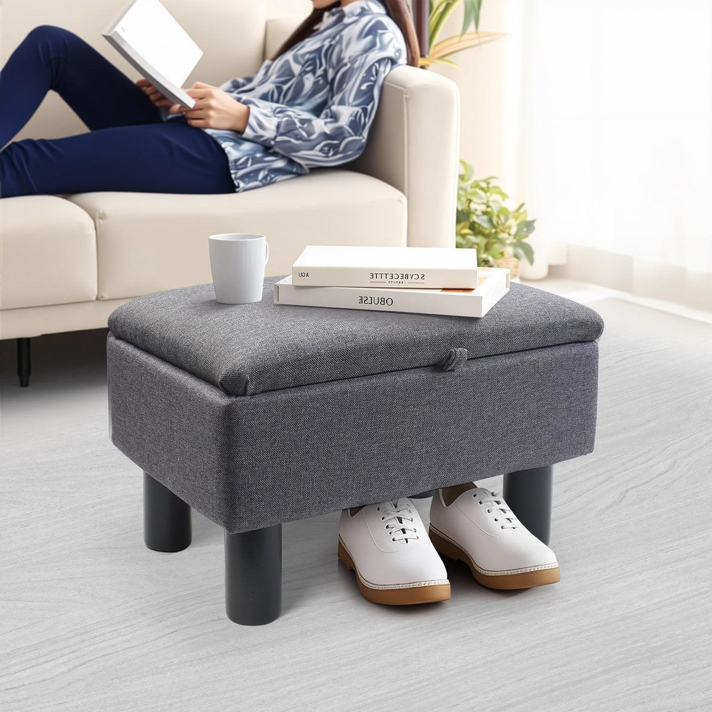 Gemsaya Linen Fabric Footstool with Storage, Storage Ottoman with Flip Top, 40x30x24cm Rectangular Upholstered Bench Pouffe Footstool for Living Room
