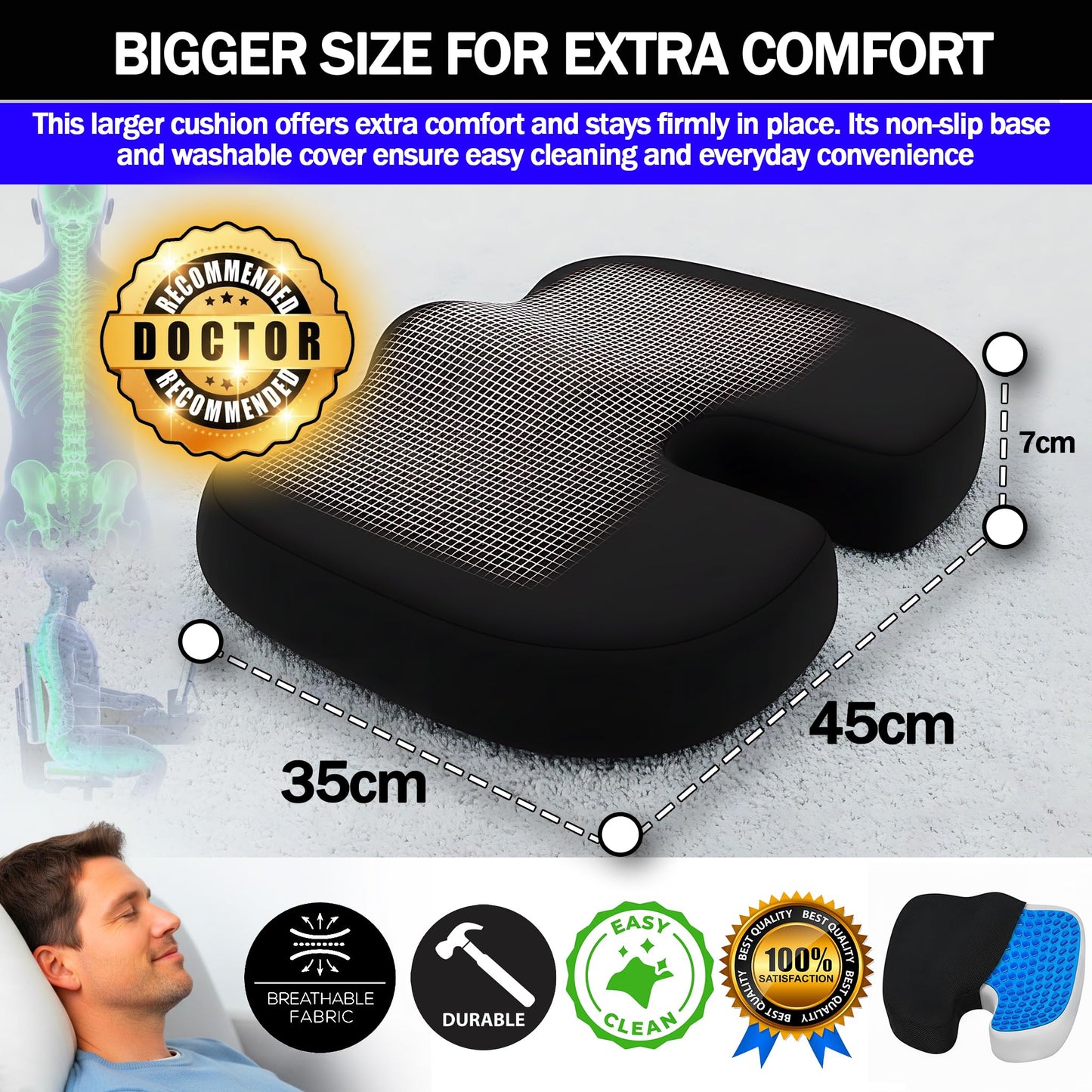 RKINC Orthopedic Memory Foam Seat Cushion, Relief for Sciatica, Back and Tailbone Coccyx Pain, Support Pad with Washable Cover