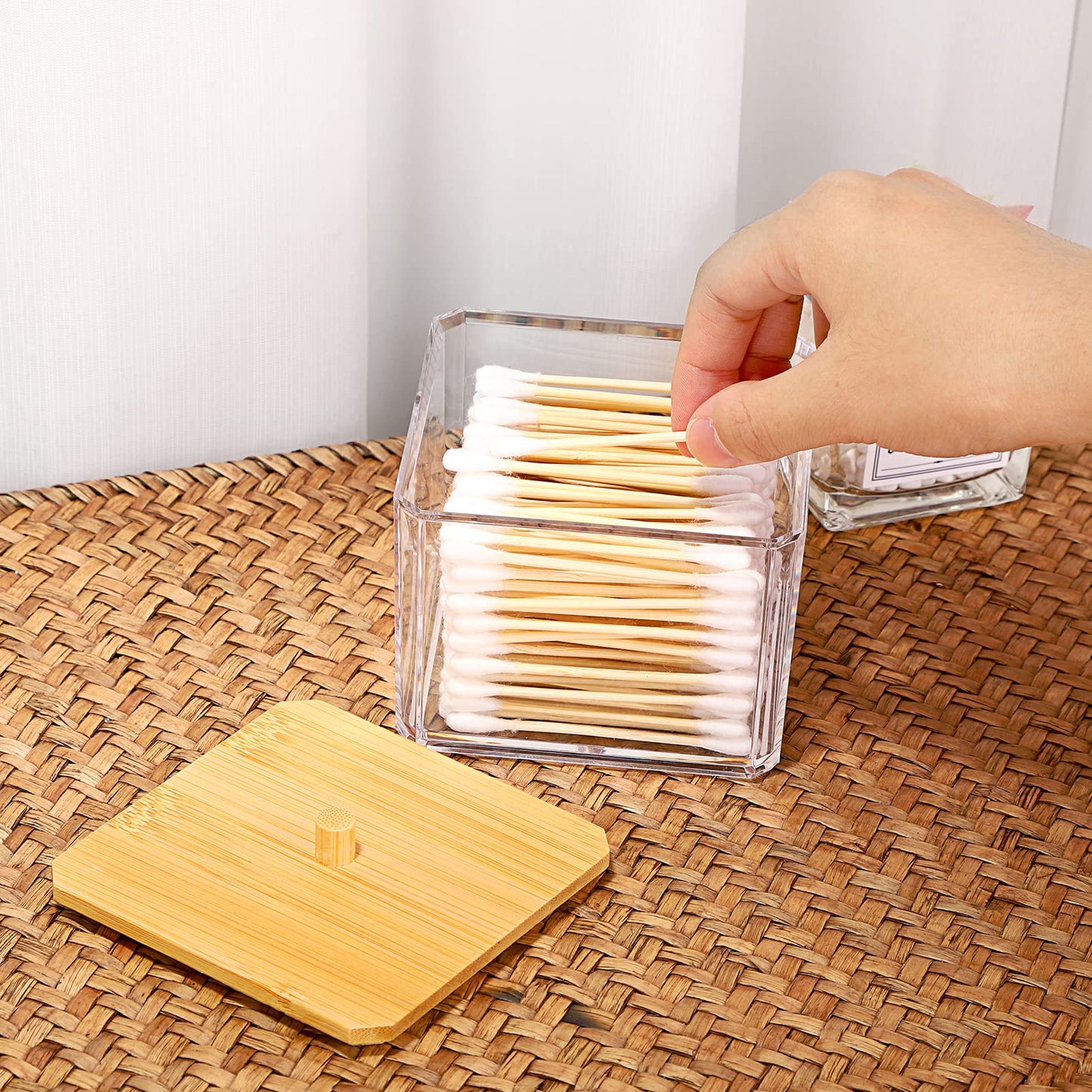 SUMTree Square Qtip Cotton Ball Holder Qtip Dispenser with Bamboo Lid