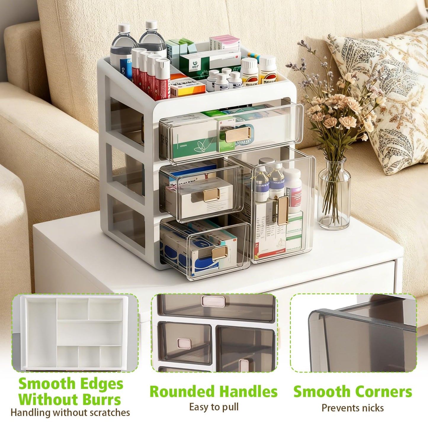 Ruiqas Stackable Medicine Storage Box with 4 Clear Drawers