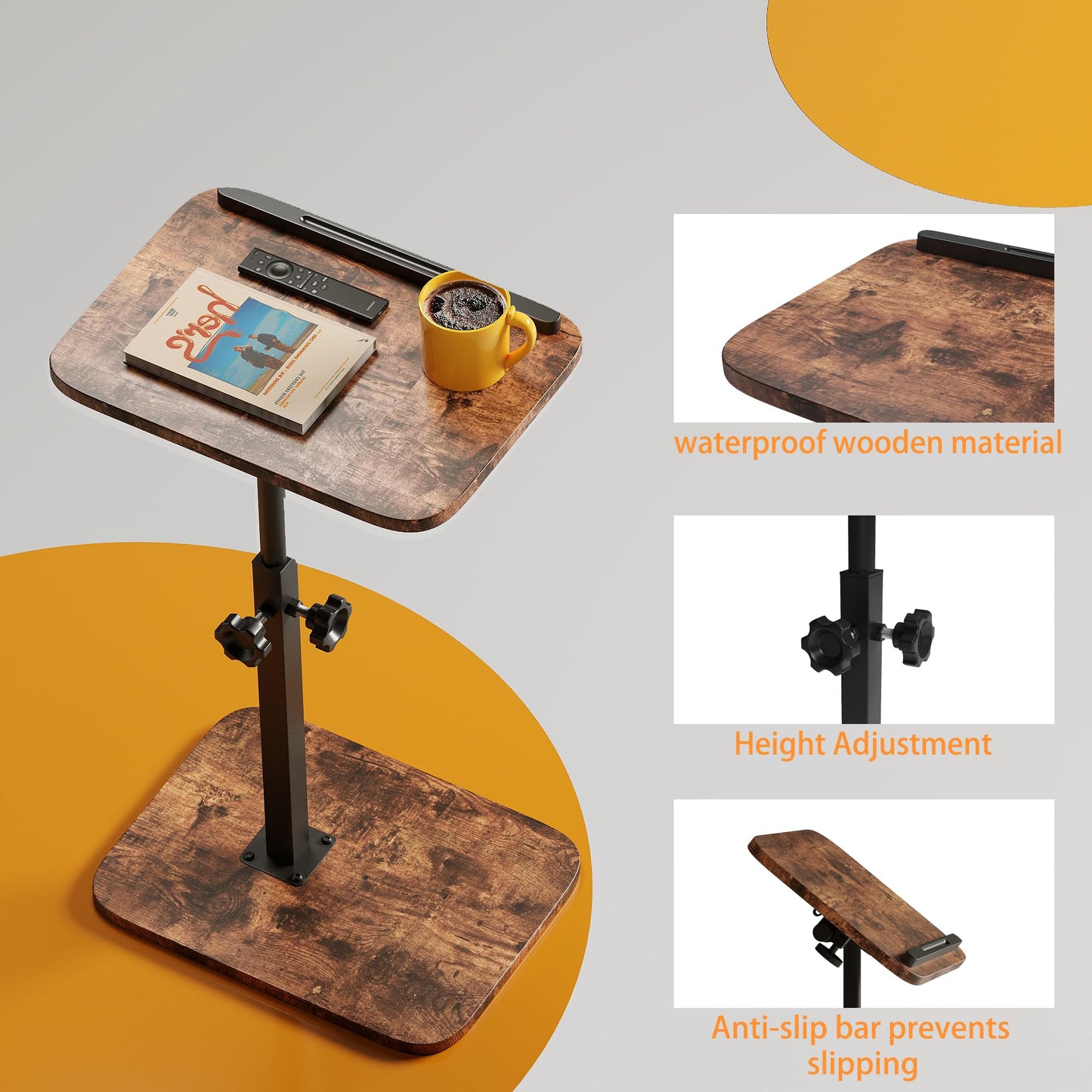 Xyphren C Shaped Side Table, 40x30cm Height Adjustable End Table for Small Spaces, 360° Swivel with Anti-Slip Bar