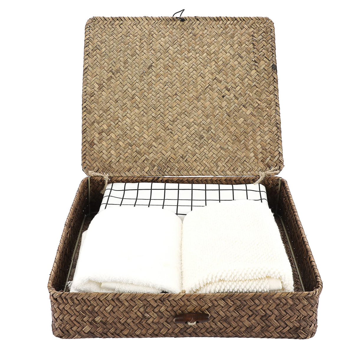 Sumnacon Set of 2 Seagrass Storage Basket Handmade Weave Hamper Wicker Box Chest with Lid & Lock Coffee