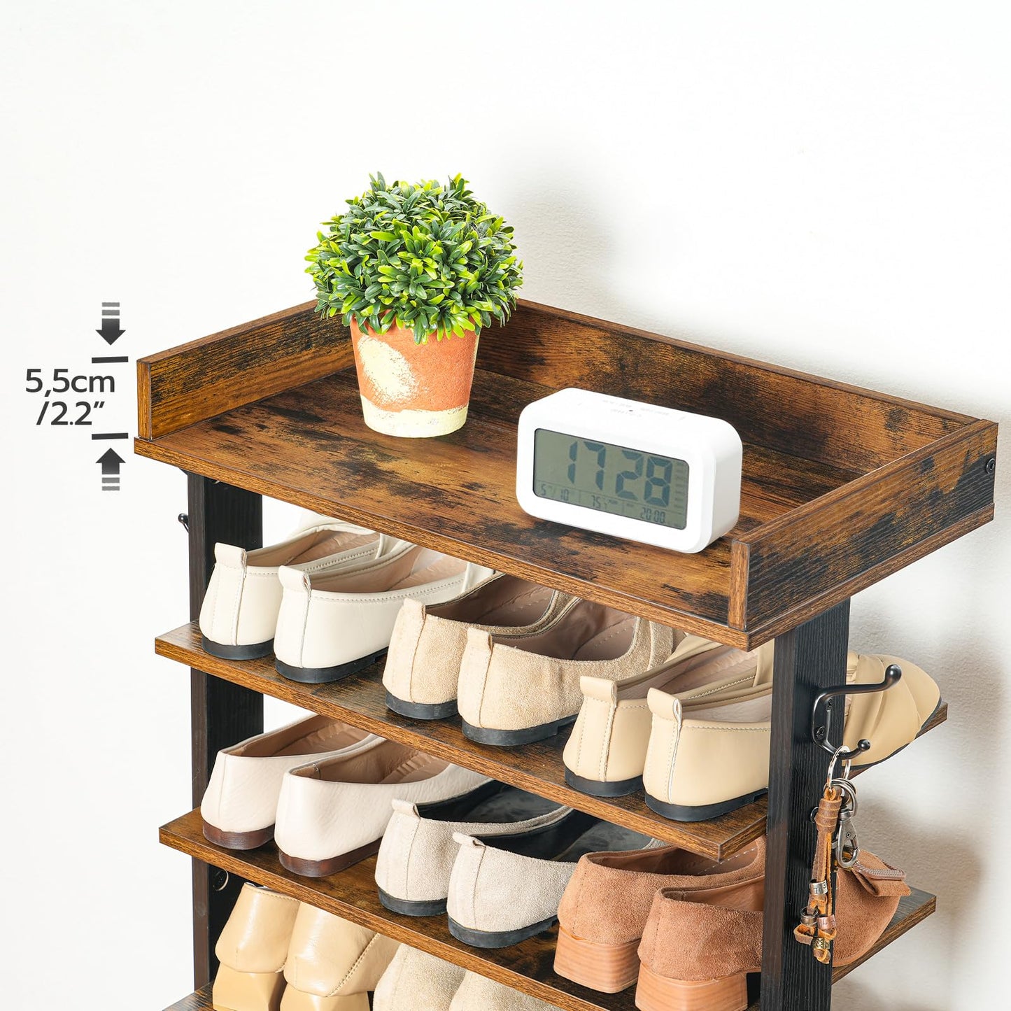 HOOBRO Narrow 9-Tier Tall Shoe Rack, Wooden Storage Organizer With 2 Hooks, Slim Shelf, Vertical Tower for Entrance, Industrial