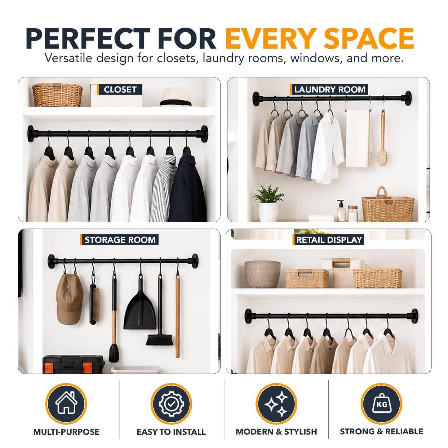 Extendable Wardrobe Rail 43-97cm, Heavy Duty Metal Wardrobe Pole, Wardrobe Rails and Fittings for Cupboards, Closets