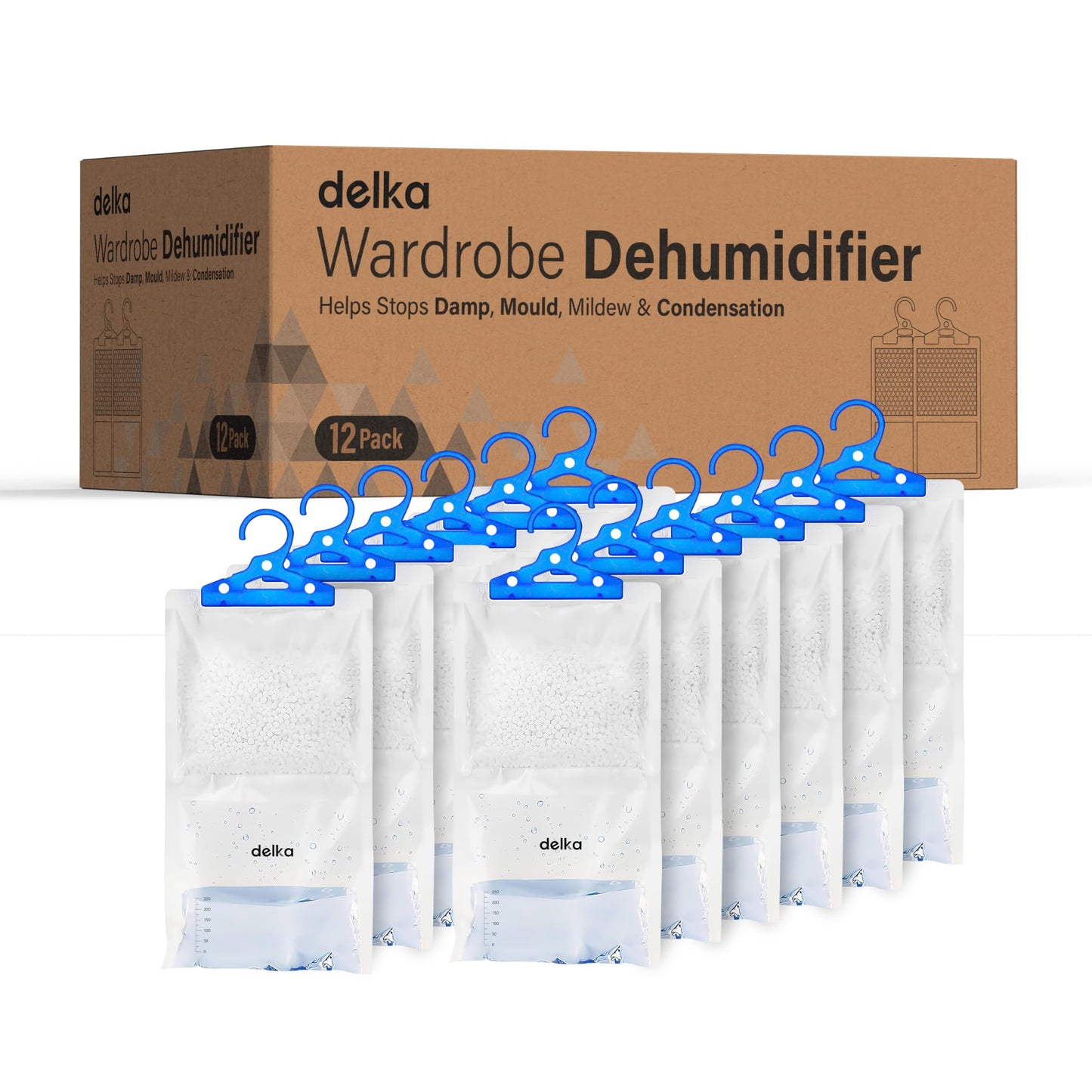 Delka 12 Pack Wardrobe Dehumidifier Hanging Bags, Trap Condensation, Moisture Absorber, Prevents Damp, Mould 210g each Leak-Proof Bag, Dehumidifier