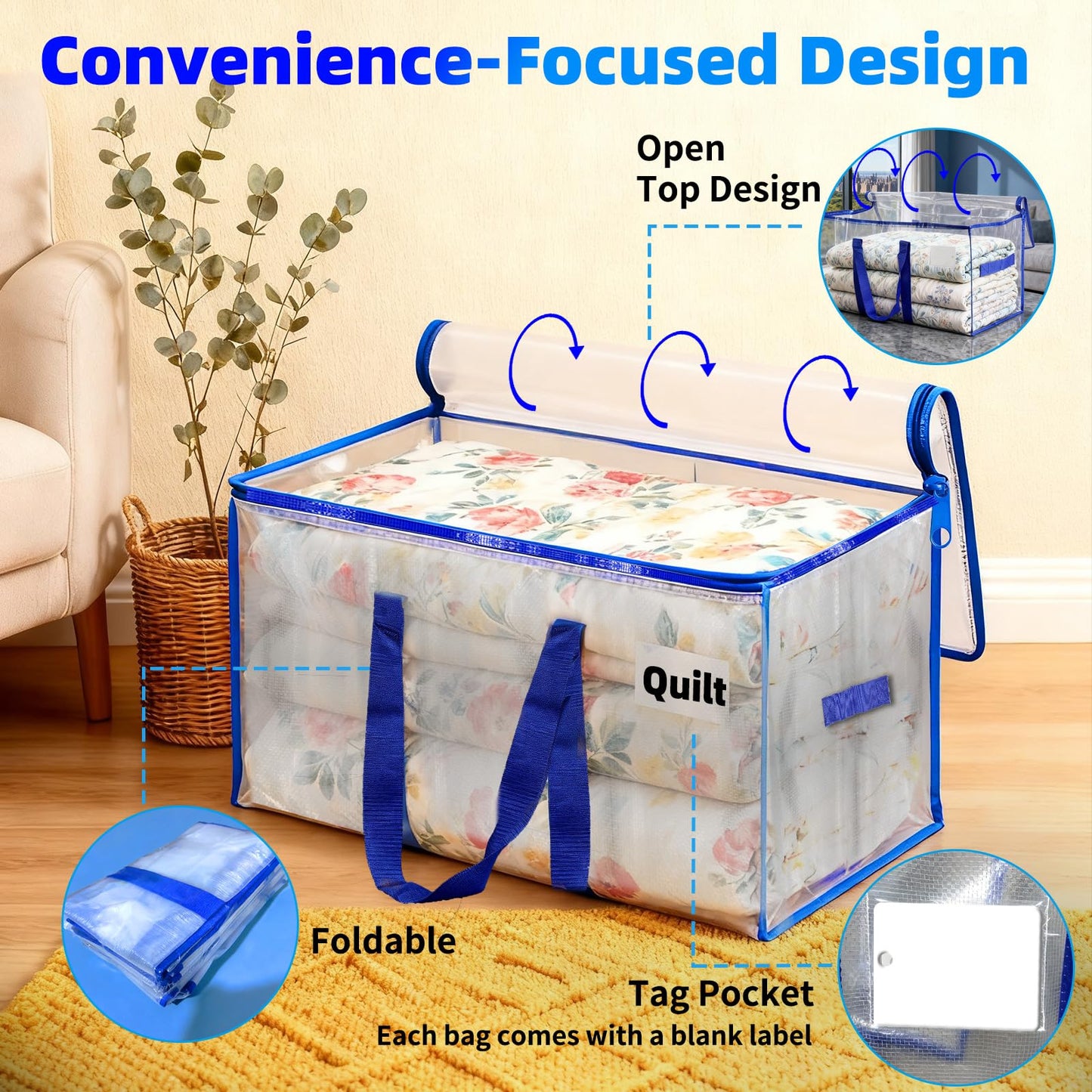 AuTong 4-Pack Storage Bags with Zips: 94L Clear Plastic Moving Bags with Reinforced Wrap Around Handles for Family, College Dorm