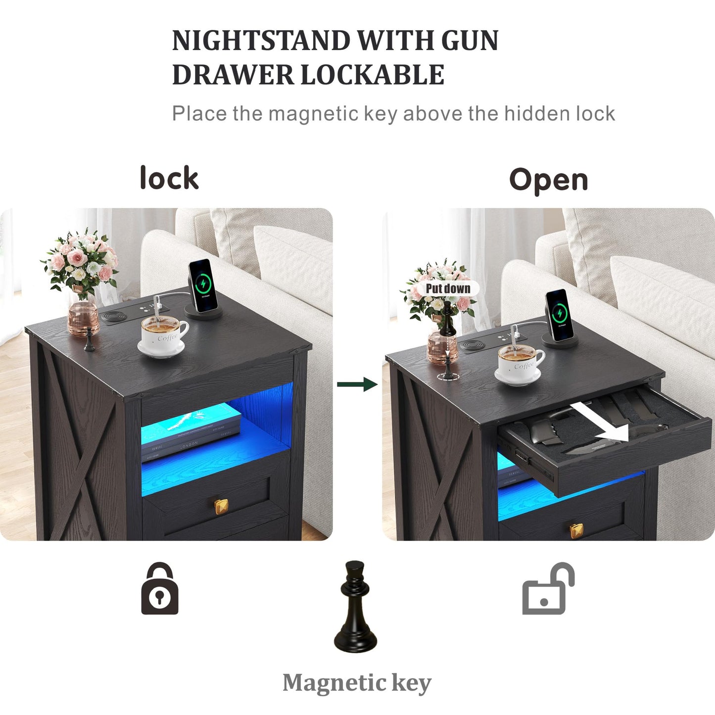 FREDEES LED Bedside Table with Hidden Drawer for Bedroom, Black