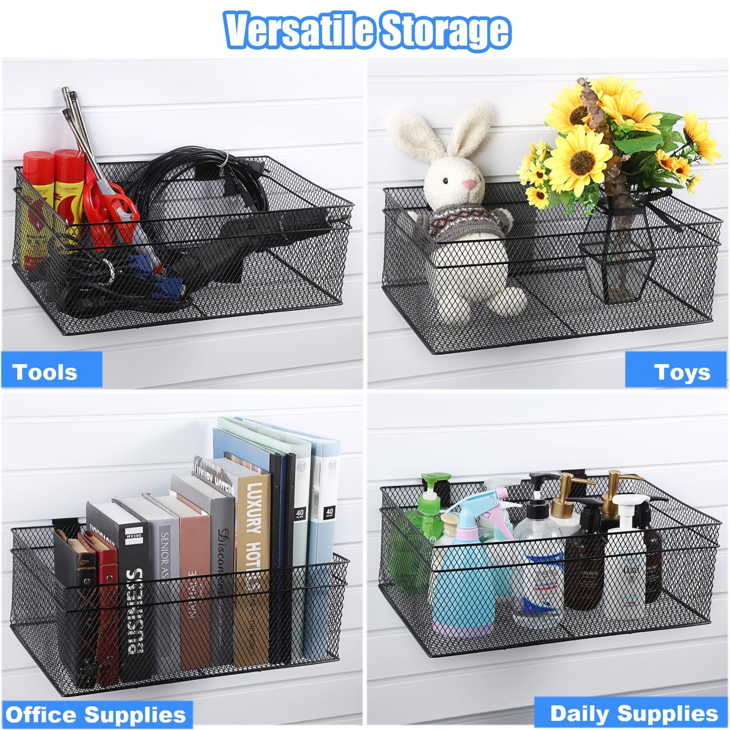 IGNPION Set of 3 Slatwall Storge Baskets, Metal Wire Slat Wall Panel Storage Bins, Garage SlatWall System Accessories Hanging Baskets