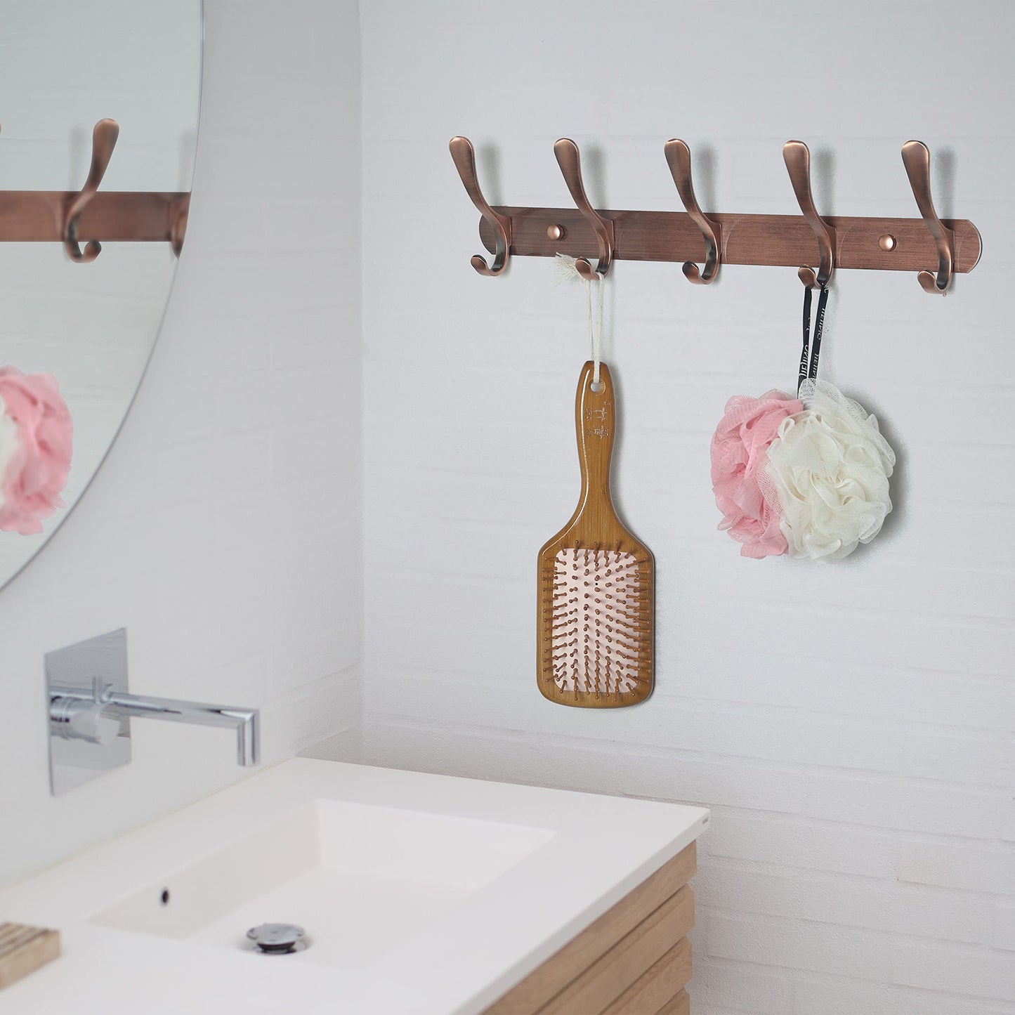 SKOLOO Coat Rack Wall Mount - Modern, Metal Wall Coat Rack with 5 Hooks, Sturdy Wall Hook Rack Rail for Hanging Coat, Jacket, Clothes, Hat, Red Copper
