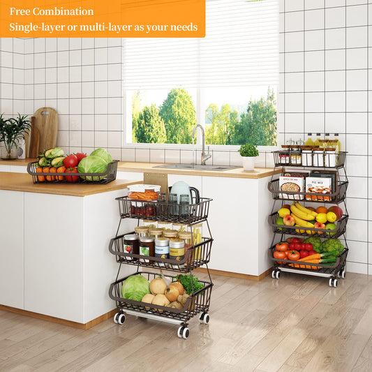 Fruit Vegetable Storage Basket for Kitchen - 4 tier Stackable Metal Wire Baskets Cart with Rolling Wheels Utility Fruits Rack Produce Snack Organizer