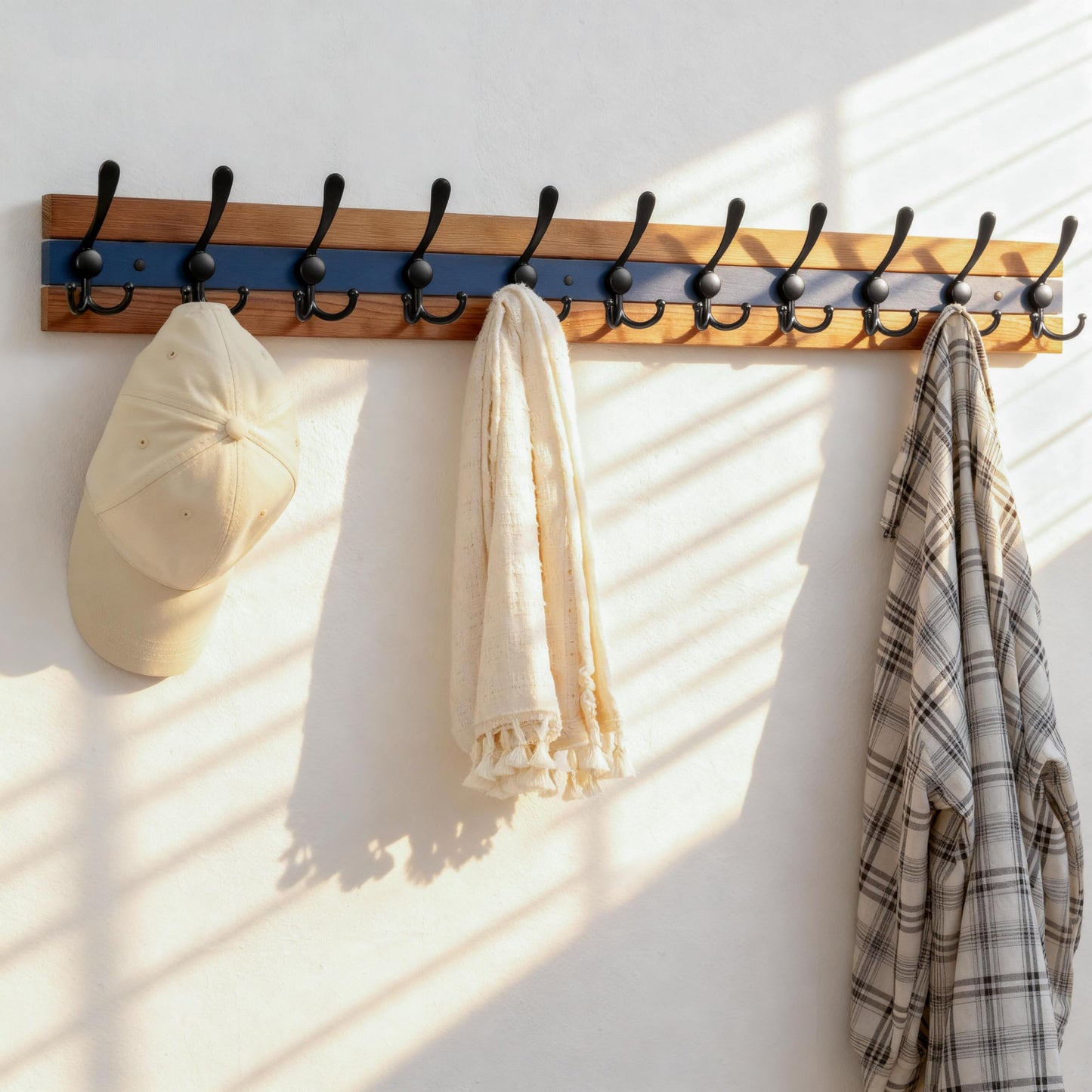 SKOLOO Rustic Wall Mounted Coat Rack - 38-1/8" Long Coat Hooks for Wall with 10 Triple Hooks for Hanging Coats, Hats or Tools