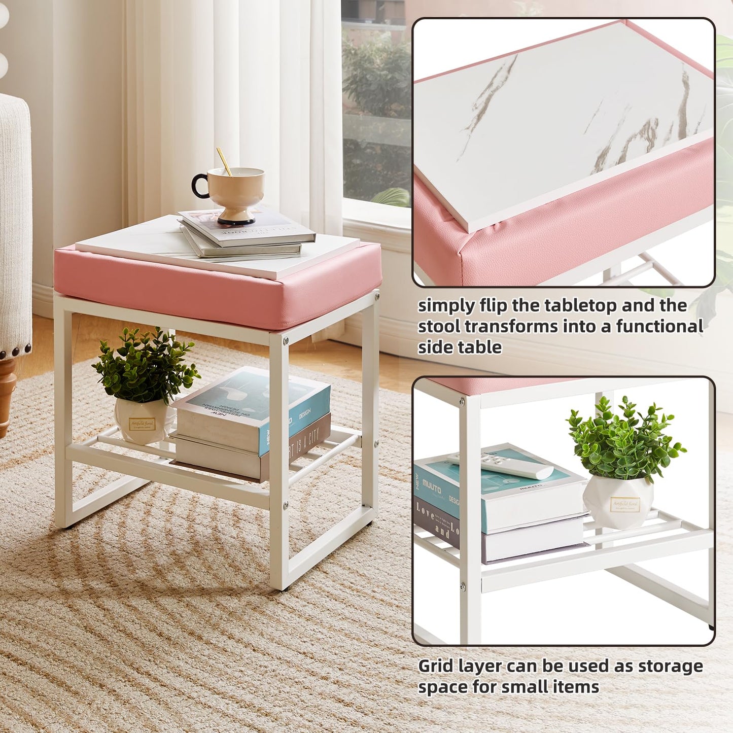 Aibiju Pink Dressing Table Chair, Footrest Stool with Adjustable Feet, PU Seat Vanity Stool