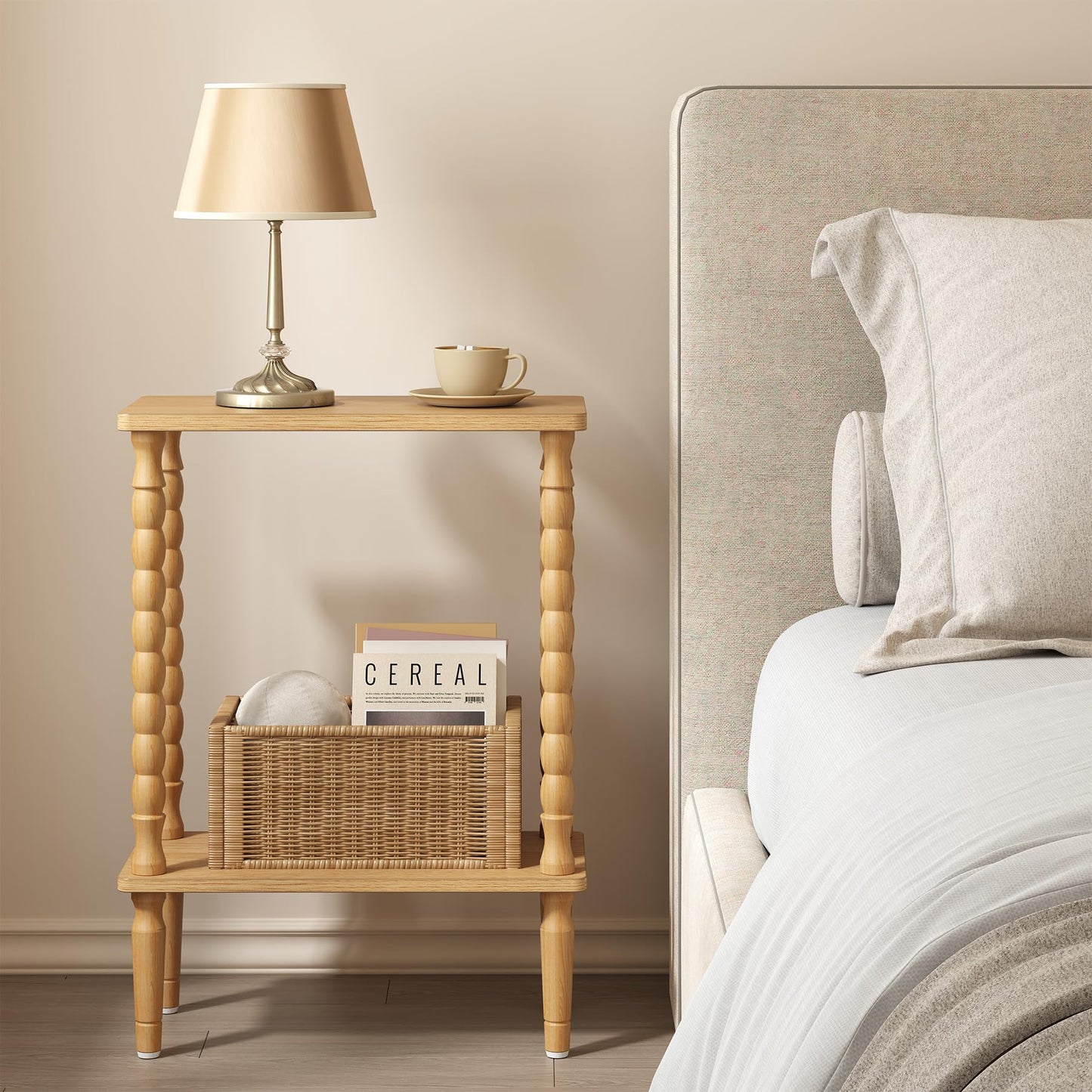 TUTOTAK Narrow Side Table, 2-Tier Small End Table with Storage, Slim Skinny Nightstand for Small Spaces, Living Room, Bedrooms, Natural TB01BN001EU
