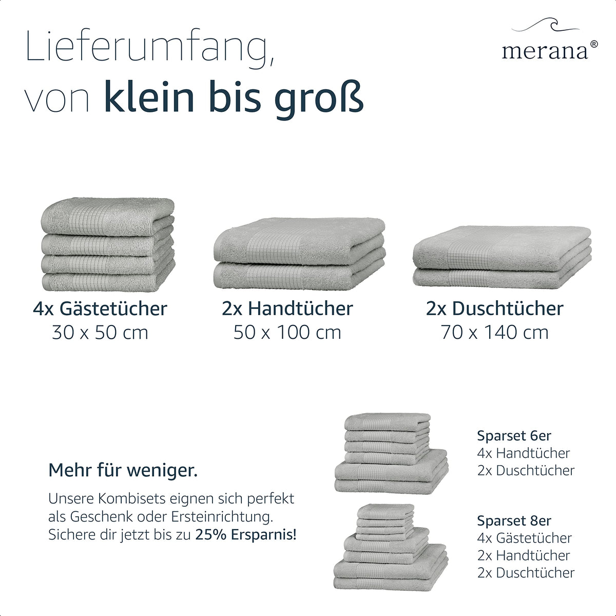 Merana Hand Towel Set, Absorbent, Soft and Lint Terry Towel Quality Made of Heavy Organic Cotton 590 GSM Dolphin Grey, 4 x Guest Towels 30 x 50 cm