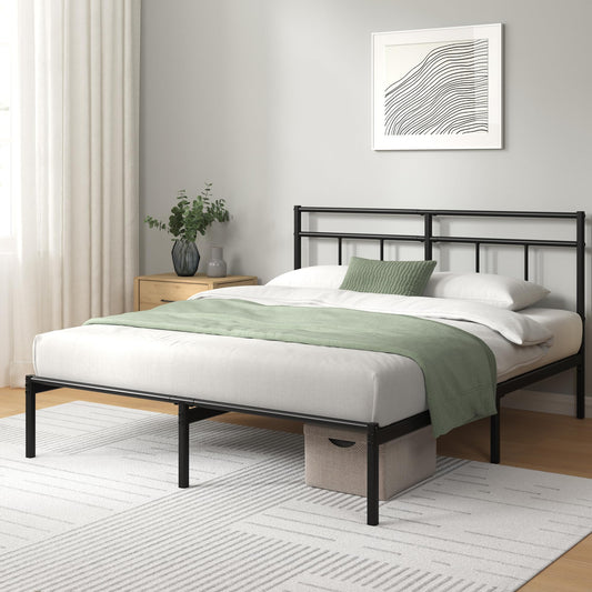 Zinus Elias Double Bed Frame Bed 135x190 cm 30cm Height Metal Bed Frame with Headboard Platform bed frame with steel slat support Modern