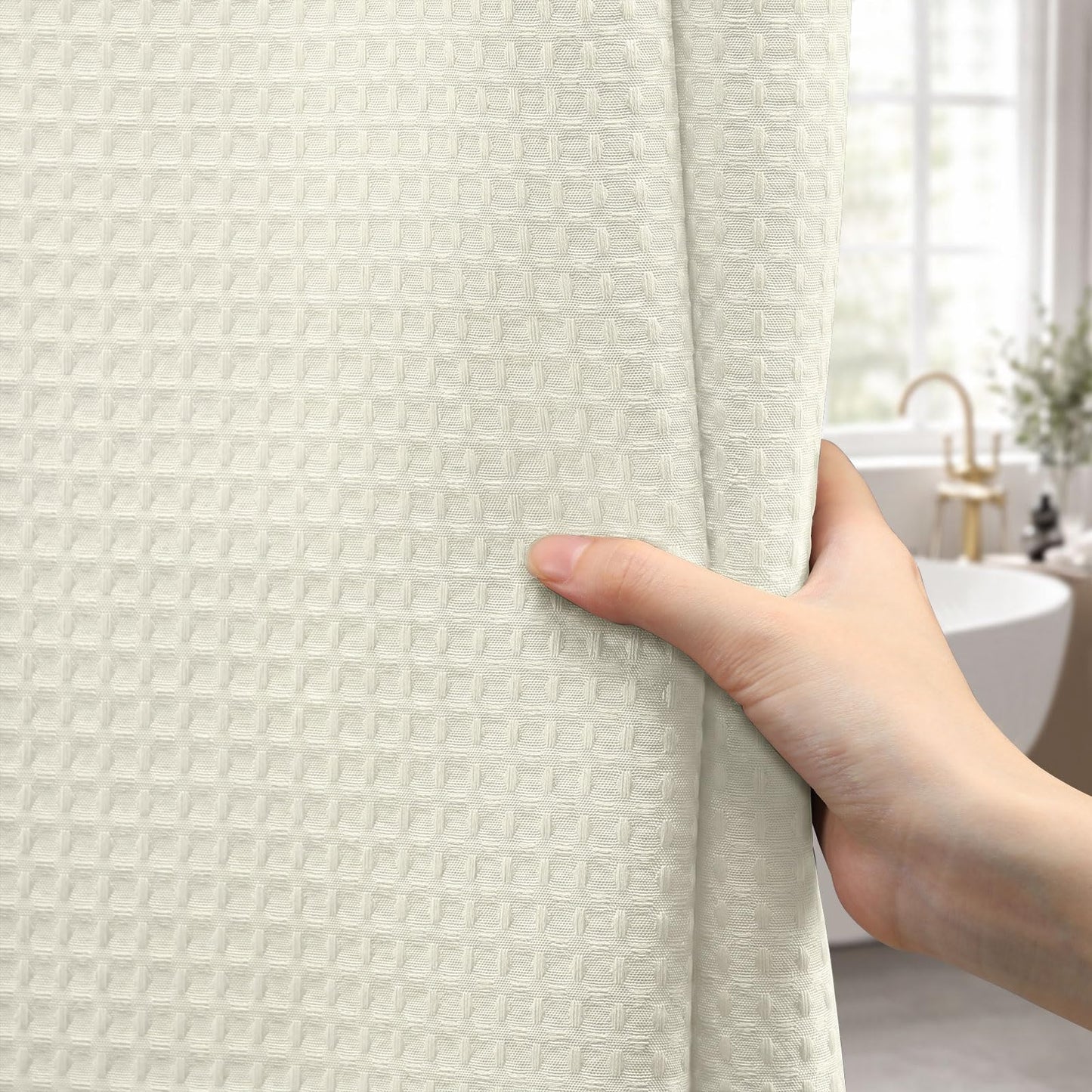 NDDYCU Weighted Cream Waffle Shower Curtain Waterproof Beige 180x180 cm