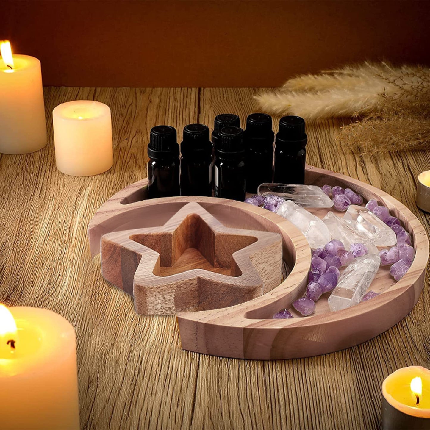 INFUNLY Star+Moon Wooden Crystal Holder Wooden Crystal Organizer Tray Acacia Wood Trinket Dish for Rocks Jewelry Healing Crystals Storage
