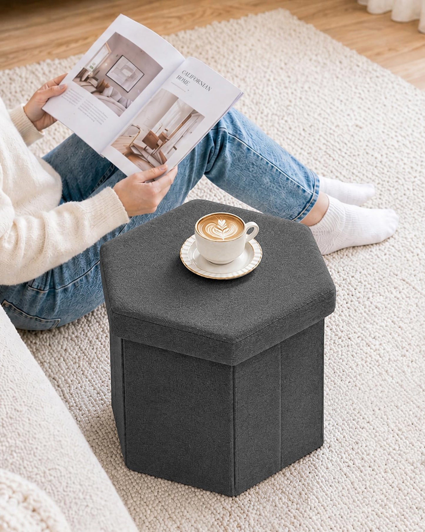 Bonlife Folding Storage Ottoman Hexagonal, Footrest with Toy Ches Box, 43cm