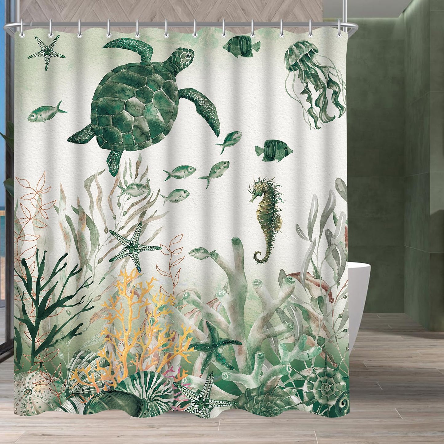 Lerores Shower Curtain 180 x 200 cm, Sea Turtle Anti-Mould Textile, Weighted Hem, Water-Repellent, Washable Polyester Bath Curtains with 12 Eyelets