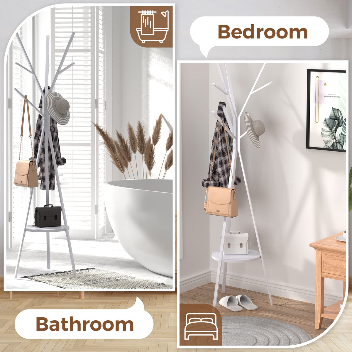 HOME BI Coat Rack Stand, Entryway Standing Coat Tree,Hat Stand Coat Hanger with 9 Hooks for Holding Jacket, Handbag, Clothes, Hats, and Scarves, White