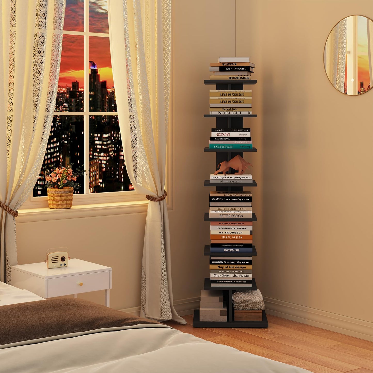 TUTOTAK Vertical Bookshelf, 8-Tier Bookcase, Narrow Spine Book Shelf for Small Space, Corner Standing Shelf for Living Room, Office, Study, Entryway