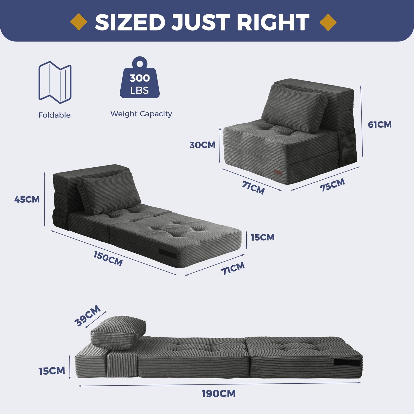 MAXYOYO Folding Foam Sofa Bed, Tri-Fold Mattress with 1 Pillow, Convertible Sofa Chair Futon Z Bed with 15cm Thincken Foam