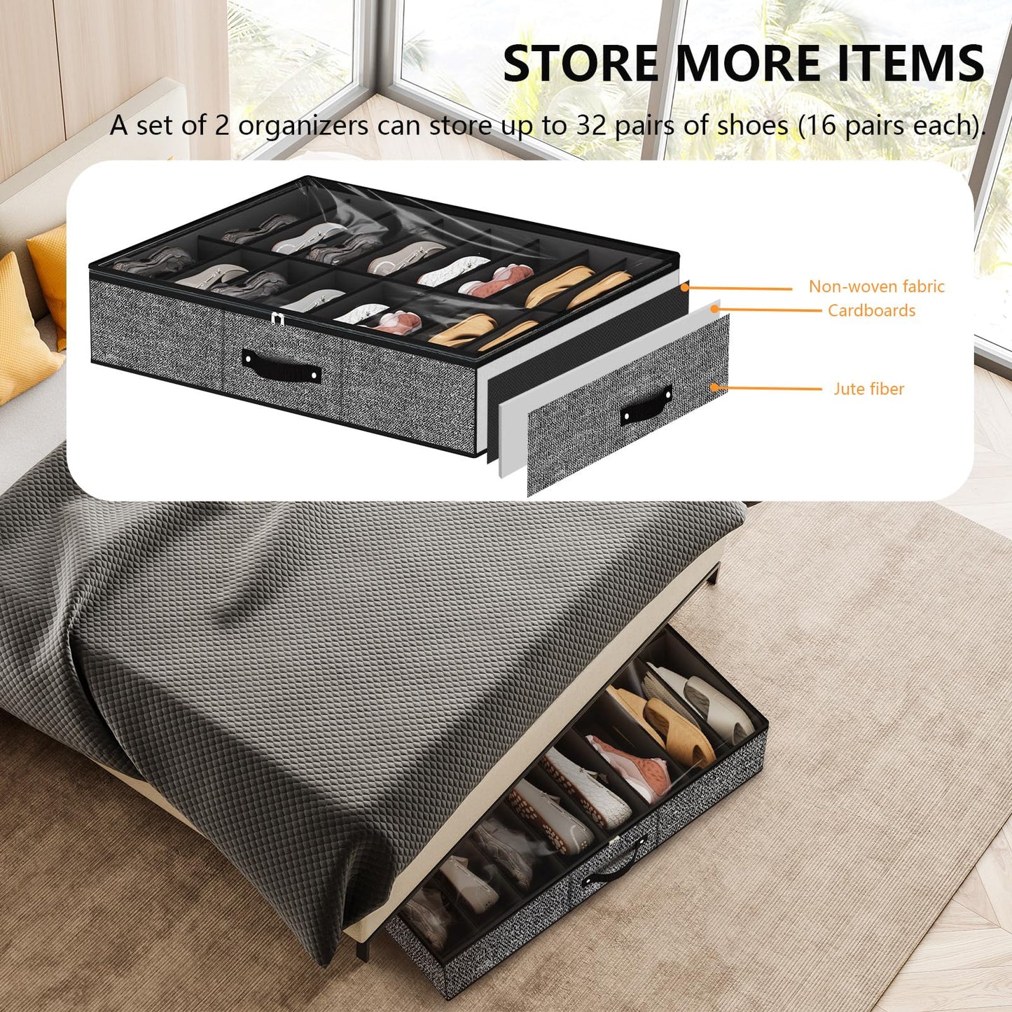 VERONLY 32 Pairs Shoe Storage Box, Under Bed Storage Organiser, Organizador De Zapatos, Extra Large Zapateras Organiser, Black, Set of 2
