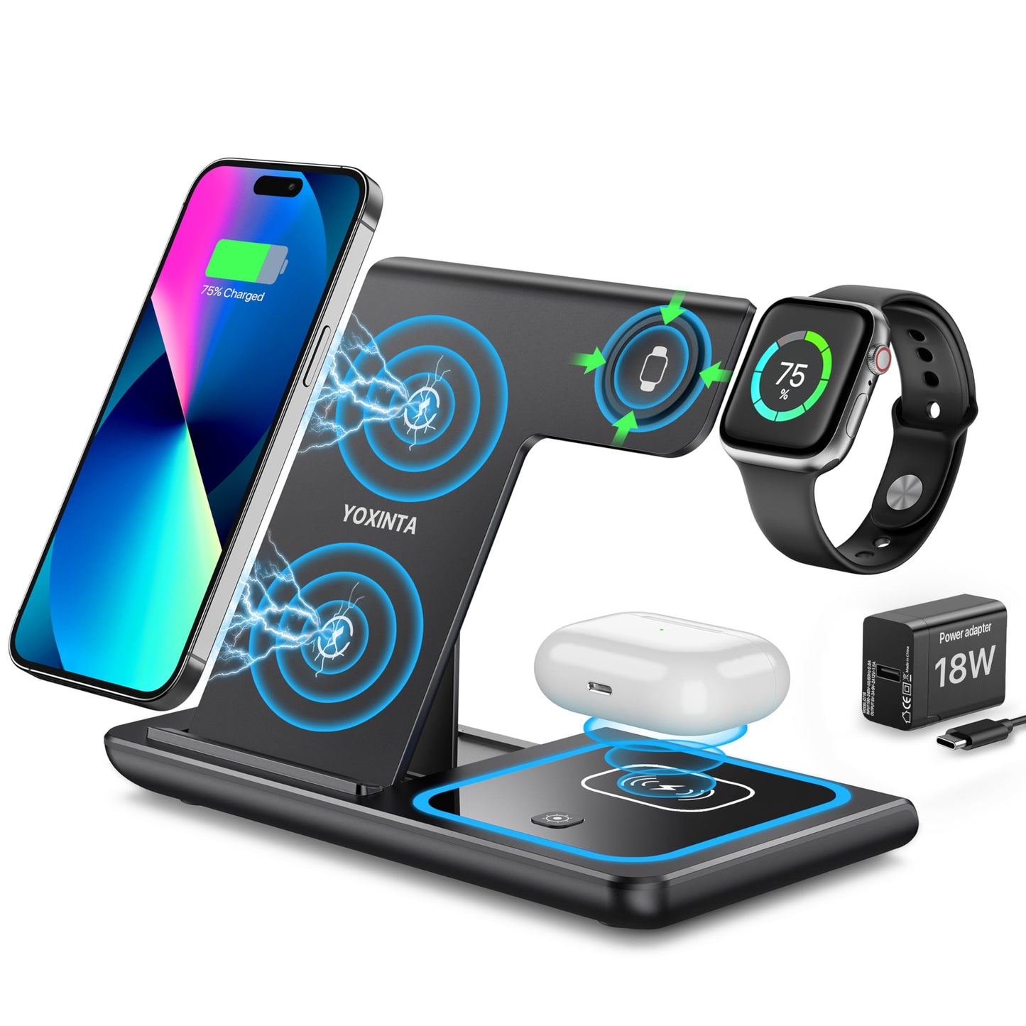 3 in 1 Charging Station for iPhone, Wireless Charger for iPhone 16 15 14 13 12 11 X Pro Max & Apple Watch - Wireless Charging Station for AirPods 4 3