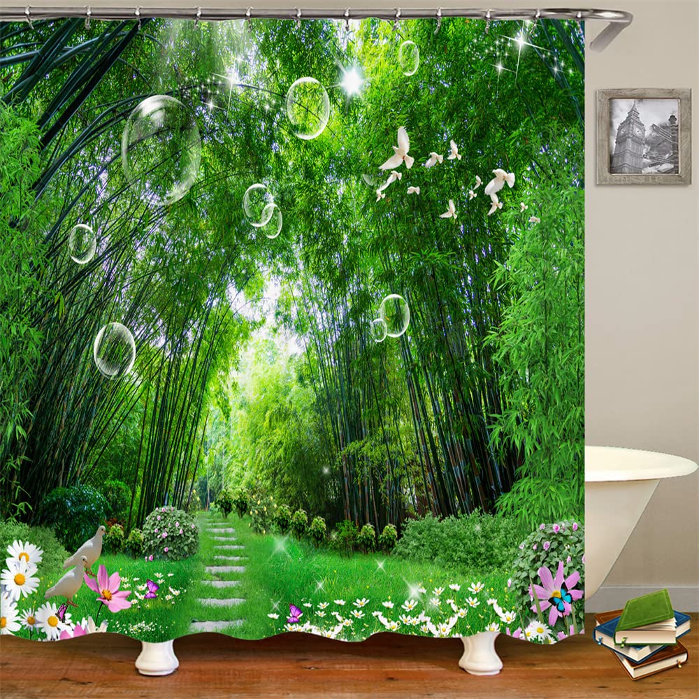 JIANGLANY Green Bamboo Forest Shower Curtain Waterproof Curtains with Hooks Spring Daisy Flying White Pigeon Bubble Butterfly Nature Landscape