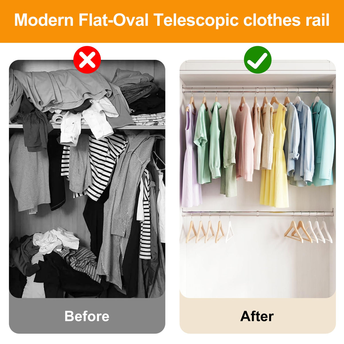 Flat Oval Telescopic Wardrobe Rail, Heavy Duty Stainless Steel Extendable Closet Rod, Adjustable Clothes Hanging Rail with U-Shaped End Supports