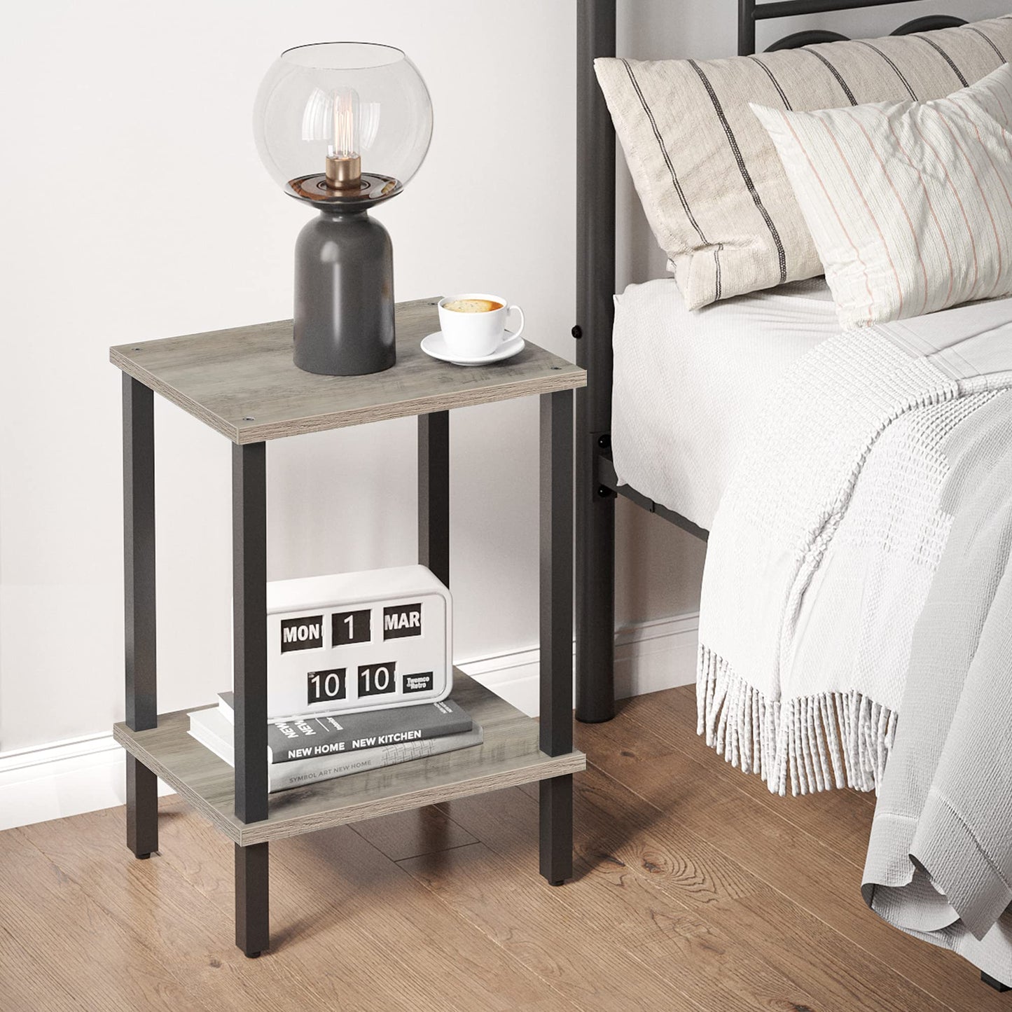 TUTOTAK Side Table, Bedside Table, Night stand, 2-Tier Storage Shelf, End Table for Small Space, Living Room, Bed Room, Greige TB01BG034EU