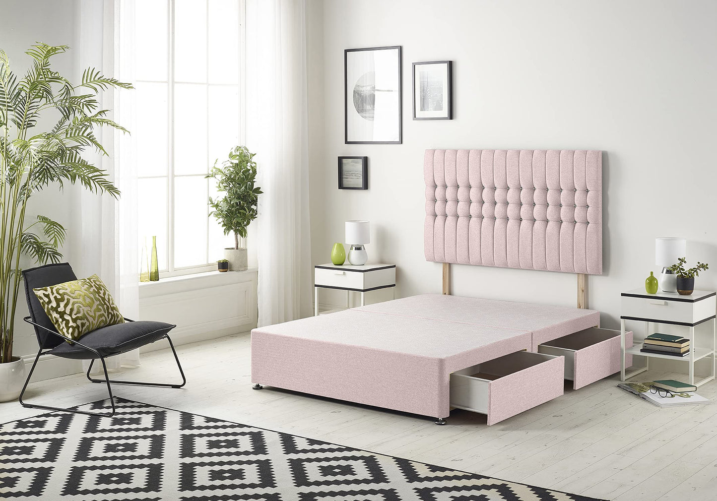 Bed Centre Galaxy Divan Base with 2 Drawers (Same Side) and Matching Headboard, Fabrics and Colours (3FT Single, Plush Pink)