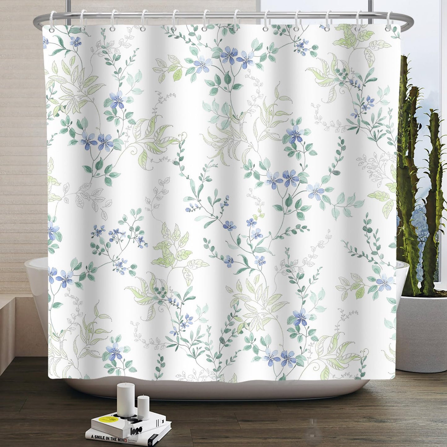 Kzzfqxb 180x200cm White Blue Floral Shower Curtains with Plastic Hooks, Green Leaves Herbs Wildflowers Branches Waterproof Occluded for Bath, Elegant