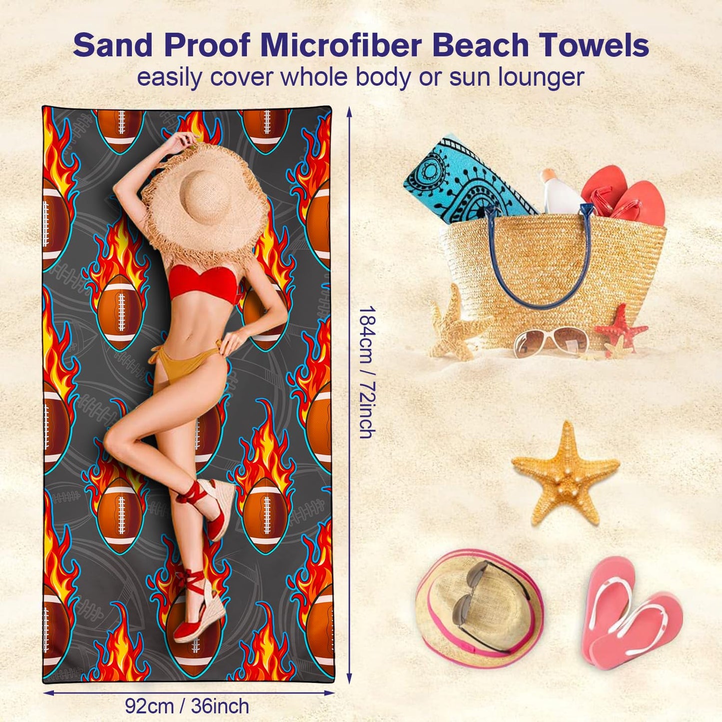 Violetpos Flaming American Football Beach Towel, Extra Large 180x90 cm 250GSM Microfibre, Sand Free Quick Dry
