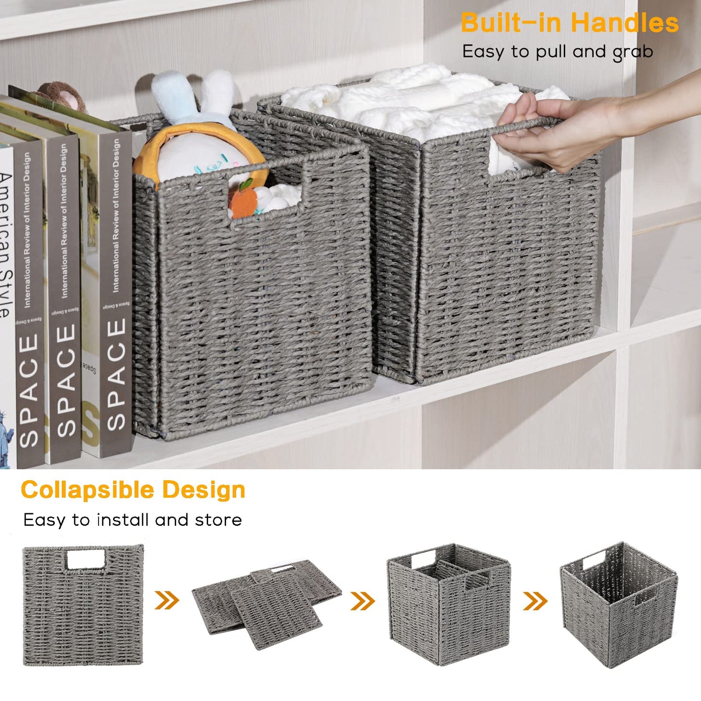 Vagusicc 2-Pack Wicker Storage Basket with Handles, Foldable Storage Organizer Bins for Shelves
