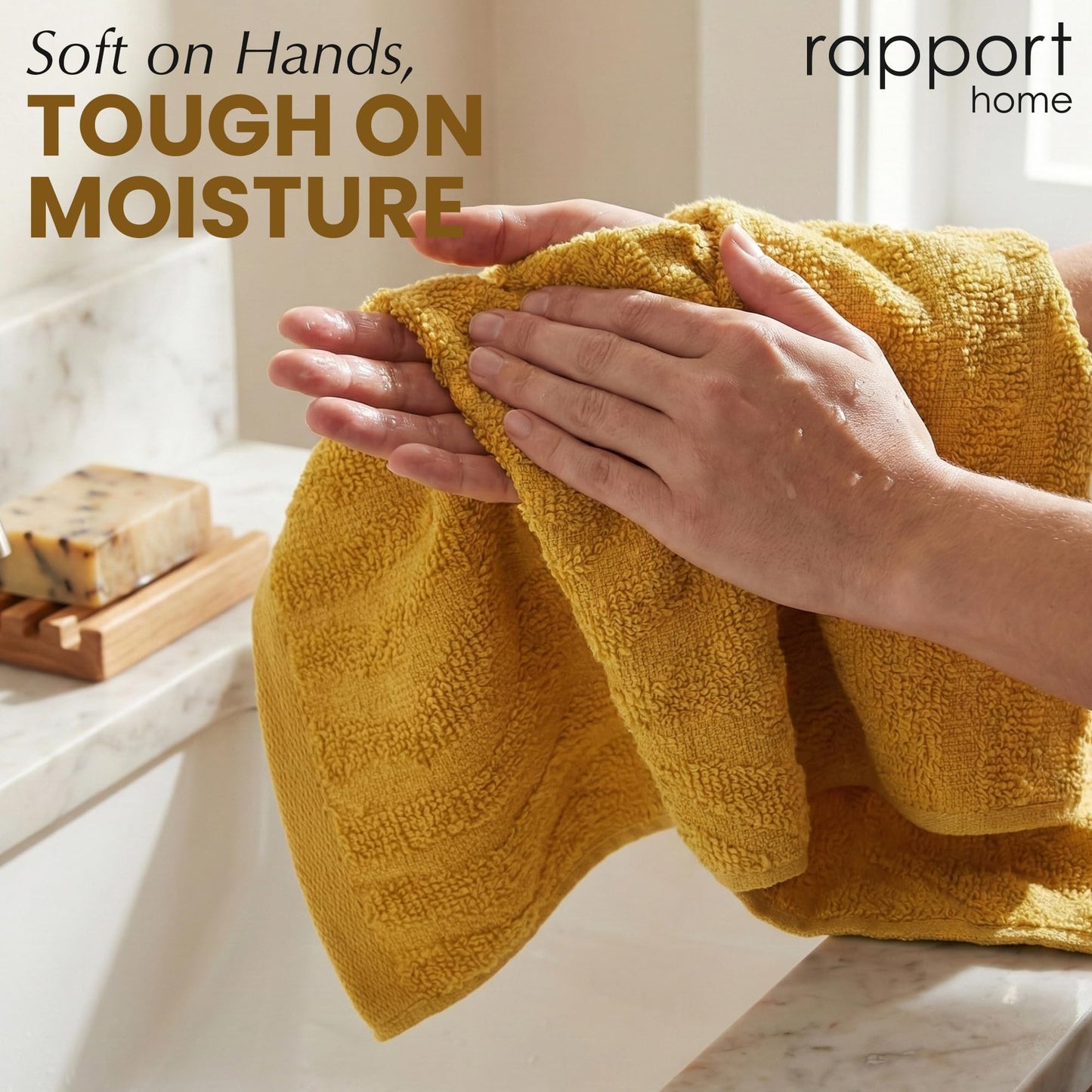 Rapport Home 2-Pack Safari Hand Towels | Mustard Yellow | 50x85cm 100% Cotton 500GSM | Absorbent & Soft Bathroom Towel Set | Oeko-Tex Certified