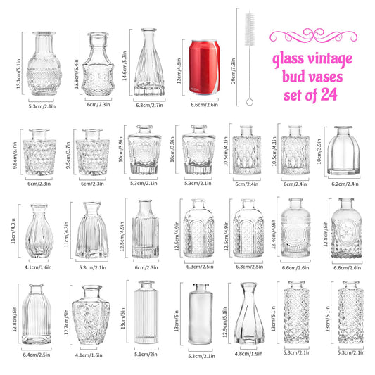 Glass Bud Vase Set 24, Small Flower Vases for Wedding Centerpiece Table Decorations Clear Vintage Embossed Mini Flower Arrangements in for Party or