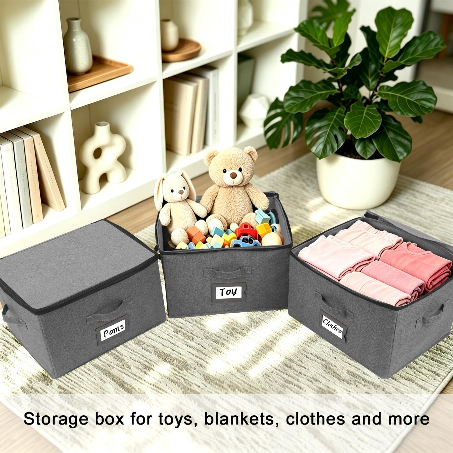 BrilliantJo Storage Boxes with Lids set of 3, Clothes Organiser with Label Holder & Double Zips 40x30x25cm Grey