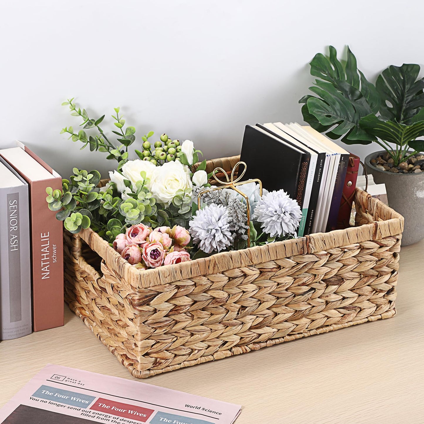 OGANAZI Natural Water Hyacinth Baskets with Handles, 40.5 * 30.5 * 13cm