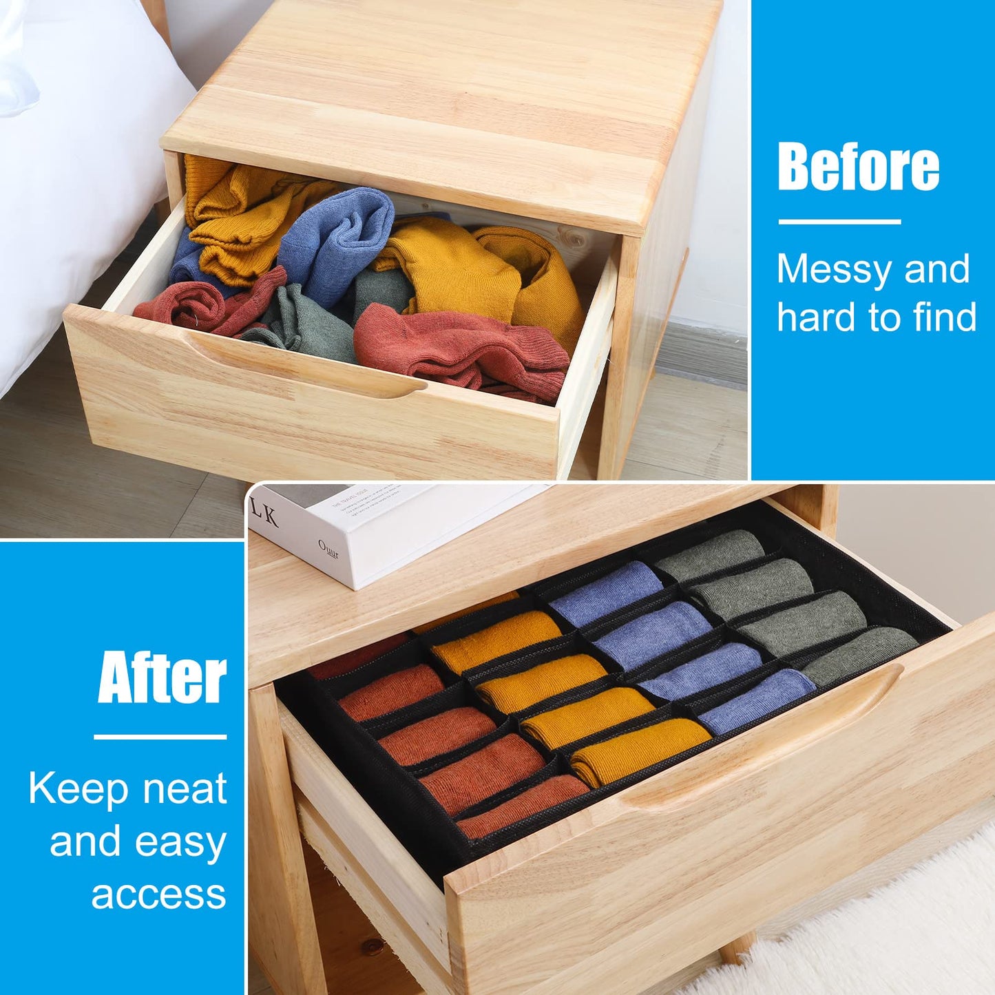Yorgewd Drawer Organisers - 2 Pack, Foldable Dividers Wardrobe Closet Storage Box for Socks, Ties, Underwear (Black)