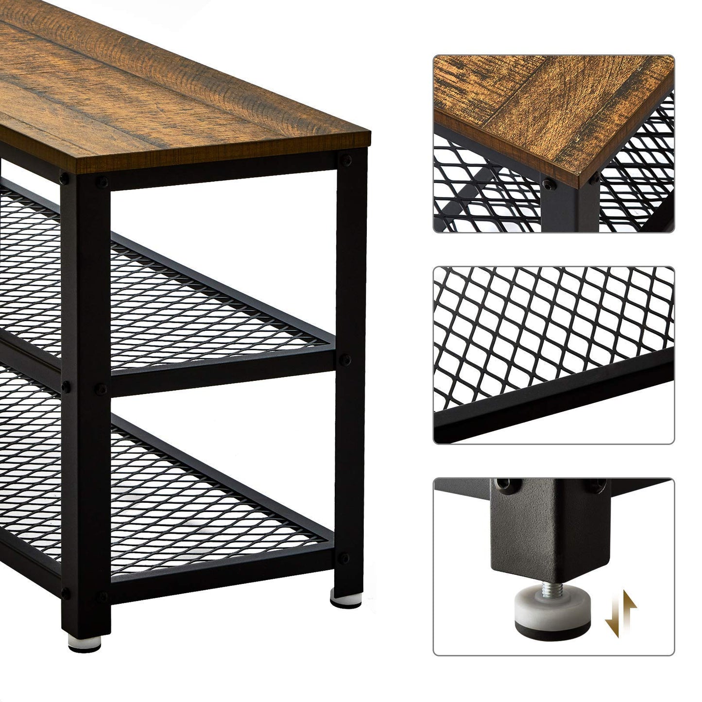 Mondeer Meerveil Shoe Bench, Shoe Rack with 2 Metal Mesh Shelves Industrial Design for Living Room Hallway Entryway, 73 x 30 x 45 cm, Rustic Brown